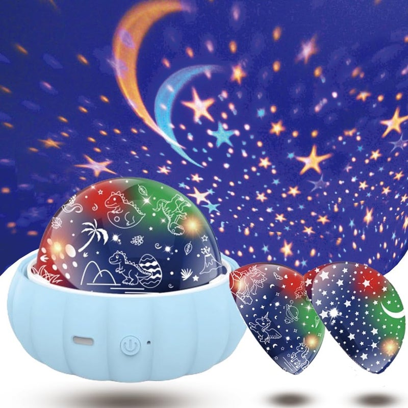 Projektor gwiazd obrotowy 360°, 3 w 1, gwiaździste niebo, dinozaur, jednorożec (niebieski)