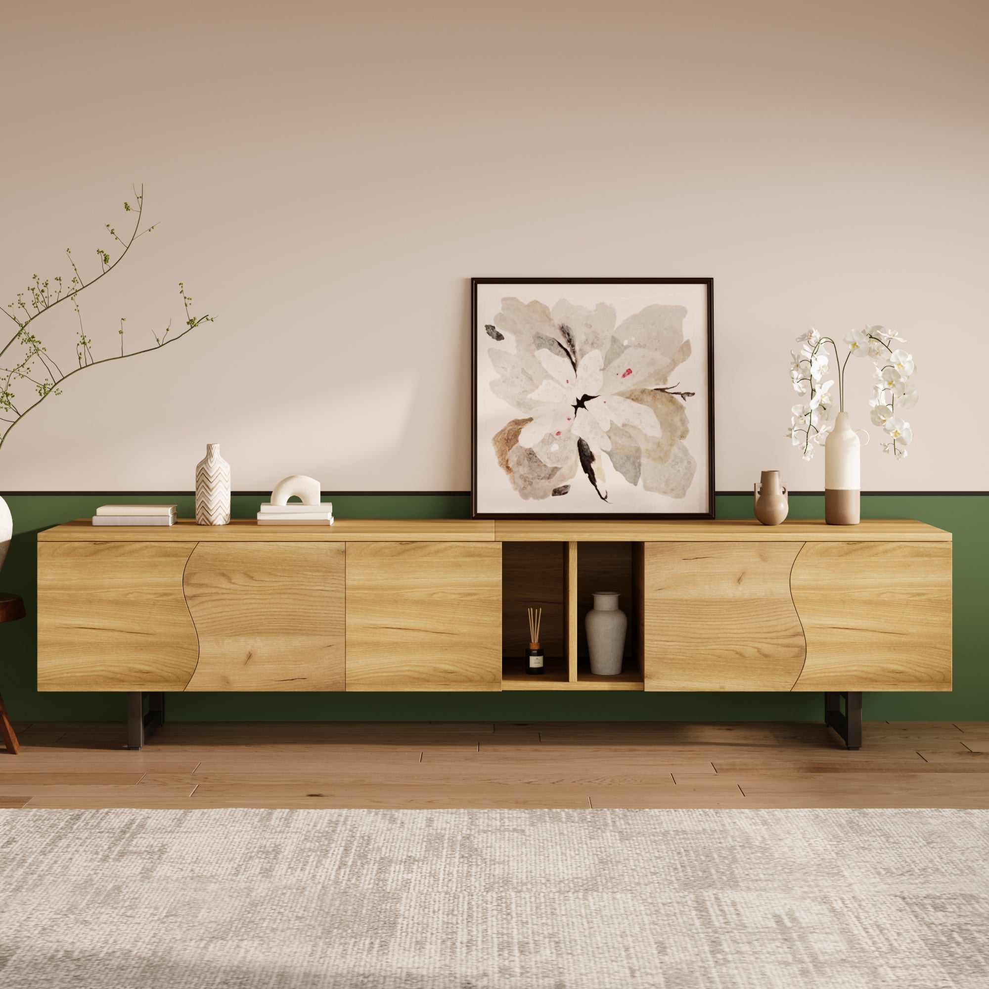 Stolik pod TV z 5 drzwiami i otwartymi przegródkami - 191 x 38 x 46,5 cm - Płyta wiórowa + MDF - Naturalny