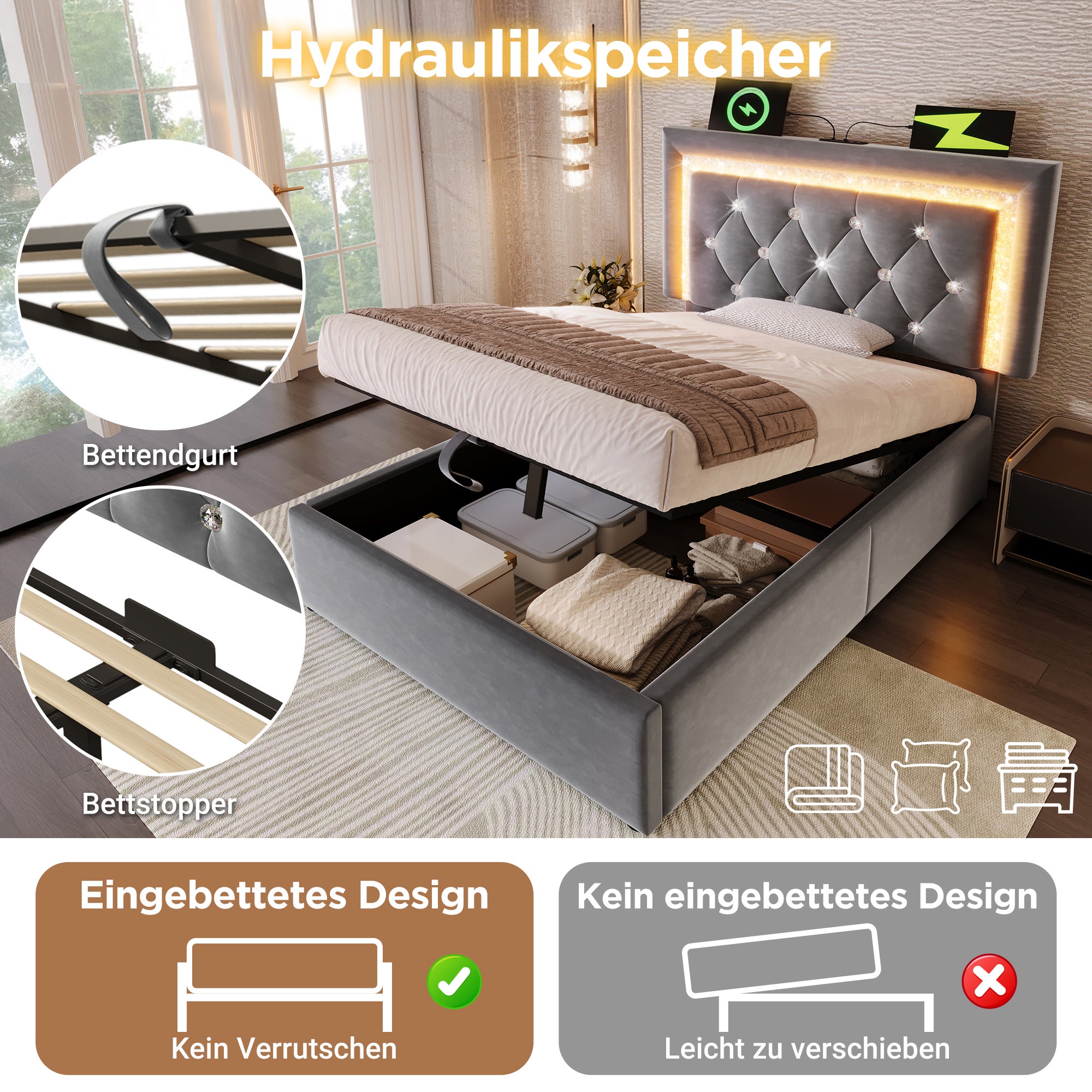 Łóżko z pojemnikiem na pościel 90 x 200 cm i zagłówkiem - Tkanina aksamitna - Diody LED - Porty USB i typu C - Szare (Materac nie jest dołączony) - 4