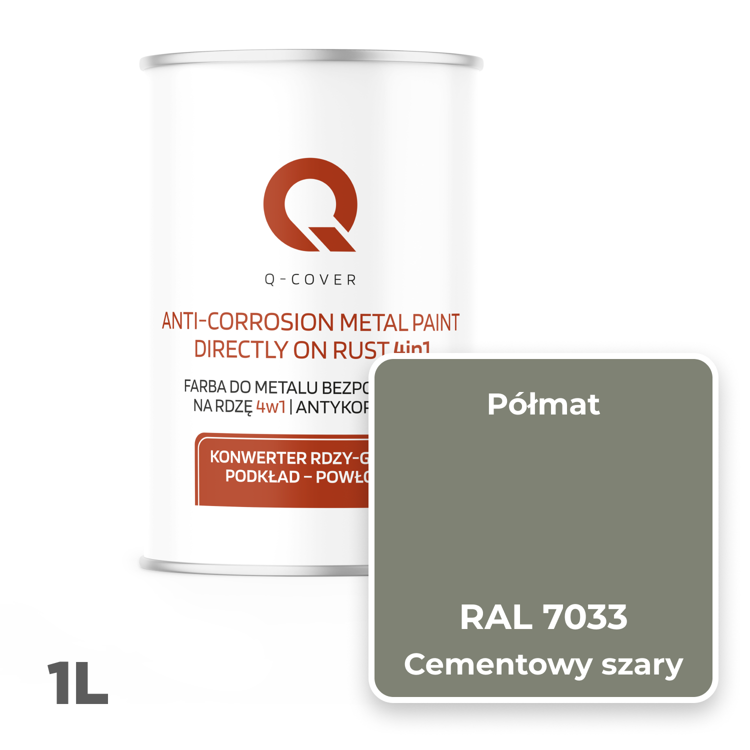 Farba do Metalu Prosto na Rdzę 4w1 Q-Cover Cementowy szary RAL7033 Półmat 1L - 2