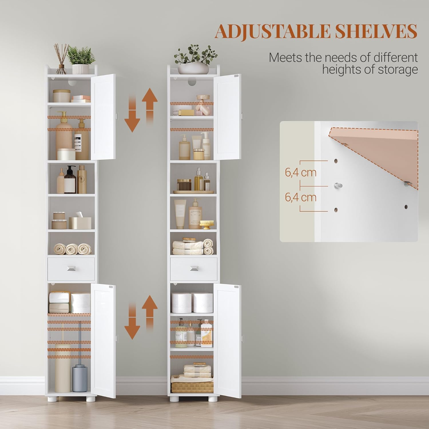 Armoire de Salle de Bain Étroit, Meuble de Rangement Haute avec 2 Portes et 1 Tiroir, Étagère Réglable, Compartiment Ouvert,Blanc - 5