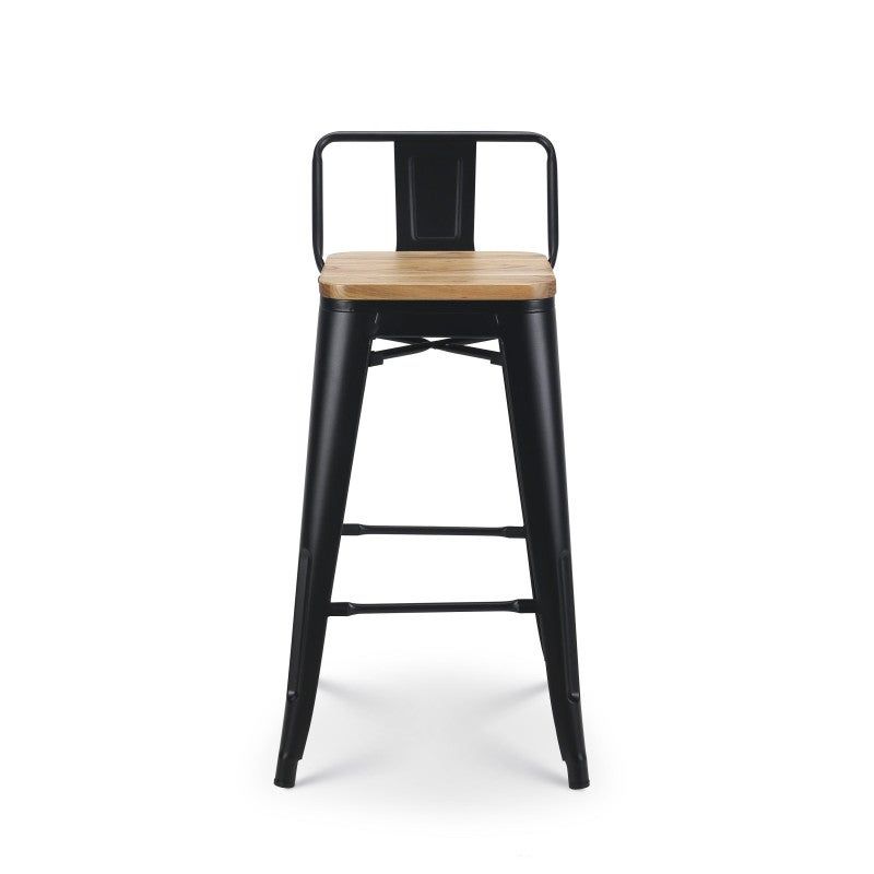 Tabouret de bar en métal noir mat style industriel avec dossier et assise en bois clair - Hauteur 66cm - 2
