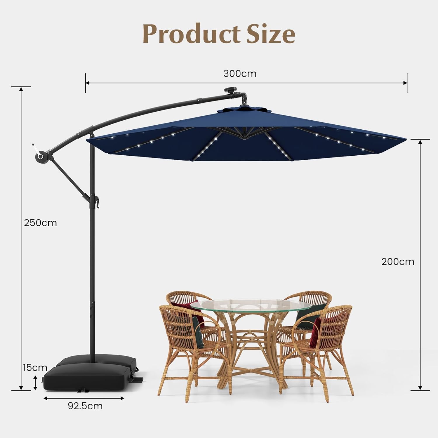 Parasol Déporté Ø300CM Parasol de Jardin Extérieur Inclinable 40 LED Solaires 8 Baleines, Grand Parasol avec Pied pour Terrasse Plage Cour (Bleu) - 7