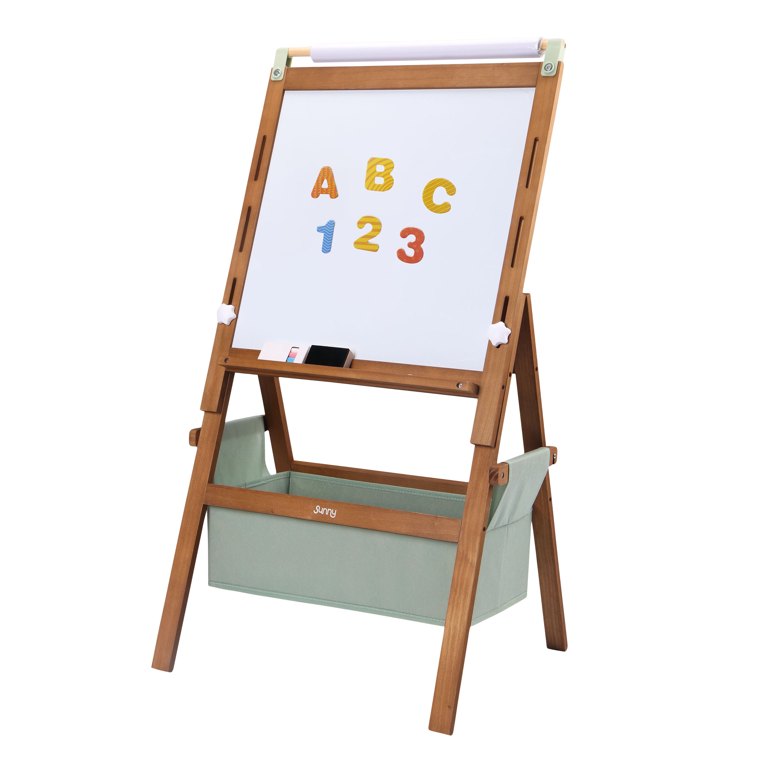 Sunny Lara Chevalet pour enfants en bois, marron | Tableau blanc, tableau noir et rouleau de papier | Tableau magnétique avec craies, feutres, - 2