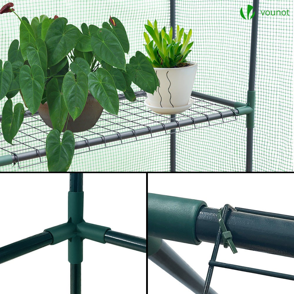 Serre de jardin avec étagères 143x215x195cm vert - bâche renforcée 135g/m², fenêtre moustiquaire, porte enroulable zippée - VOUNOT® - 3