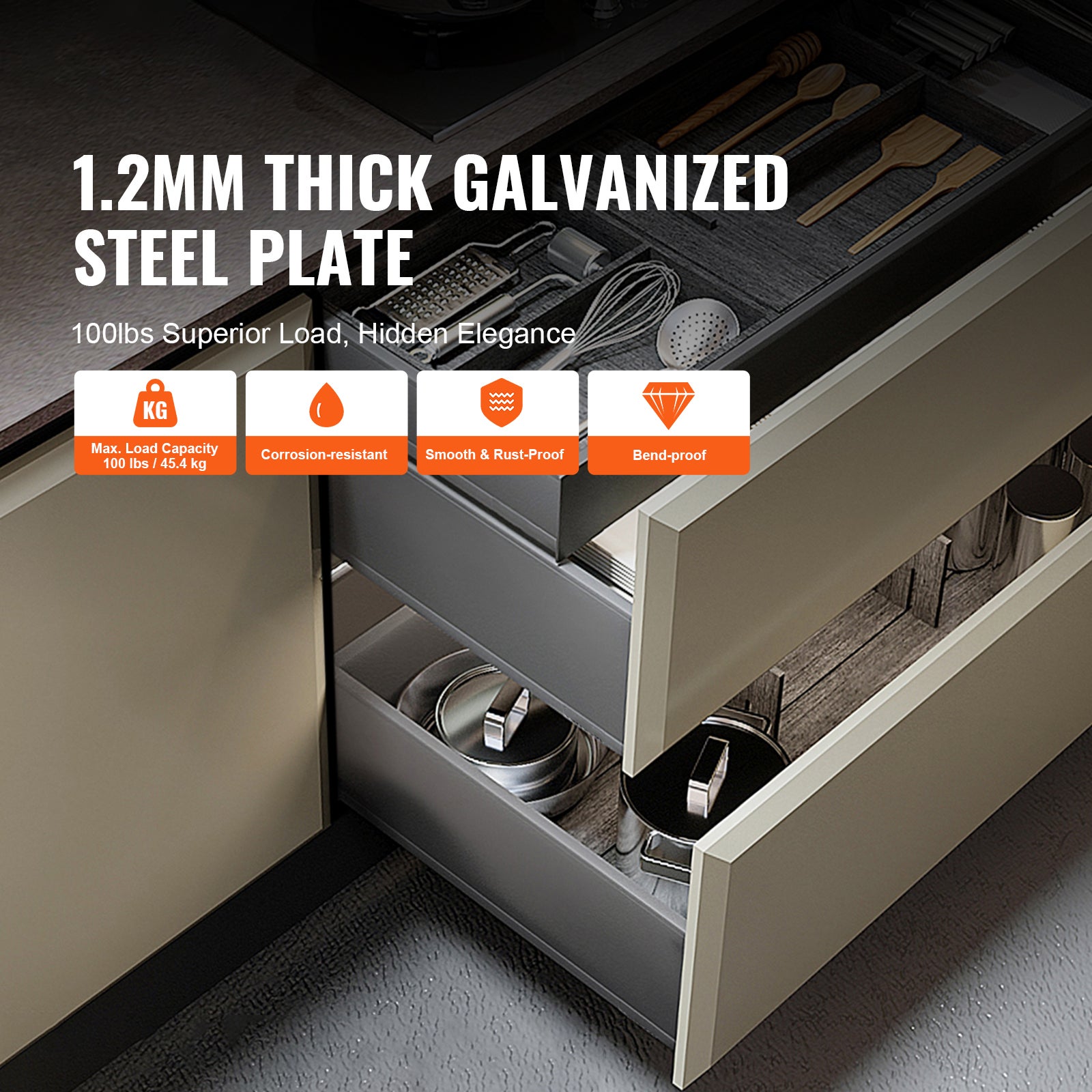 Lot de SucceBuy 6 paires glissières de tiroir à montage inférieur 457,2 mm,rails d'extension à fermeture,glissières à roulement à billes complètes - 4