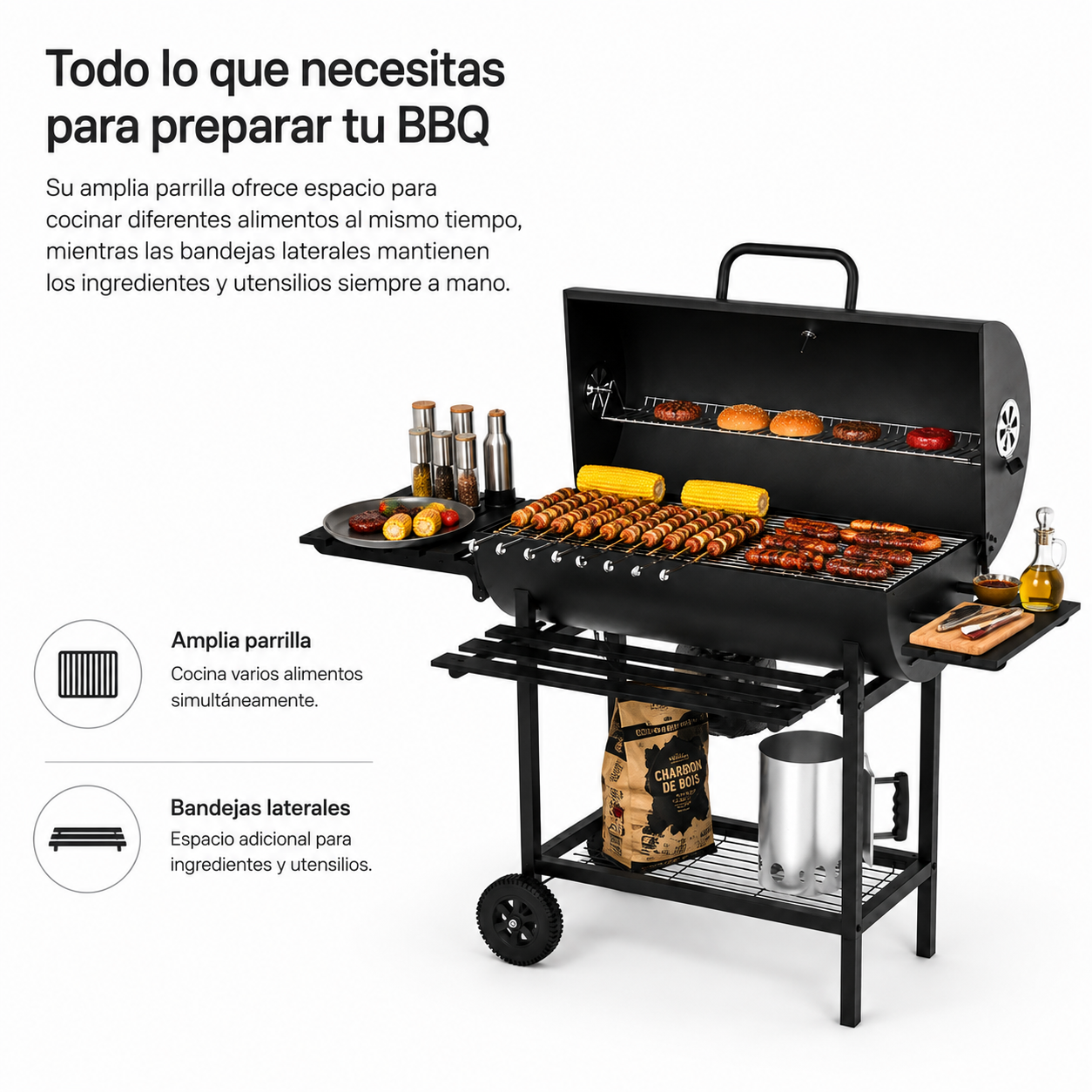 Barbecue au charbon avec couvercle et ventilation réglable pour jardin avec roues - 6