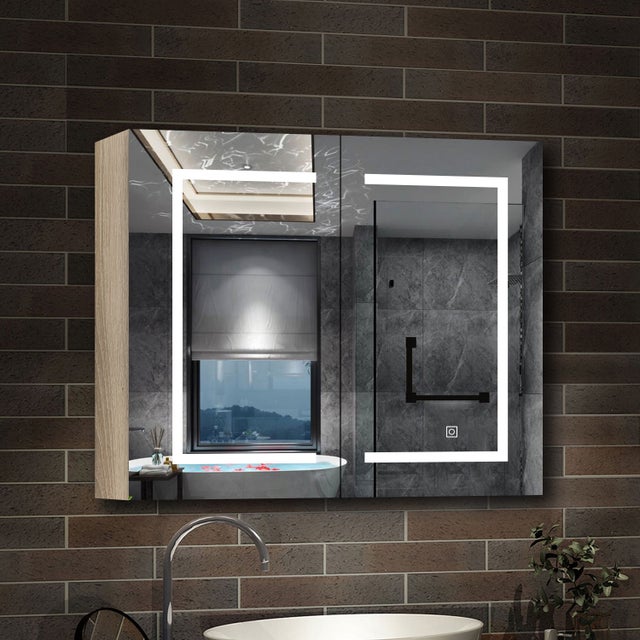 AICA Armoire de Toilette 80 x 70 cm avec 2 Portes Miroir LED, Éclairage 3 Couleurs, Anti-Buée et USB, Chêne