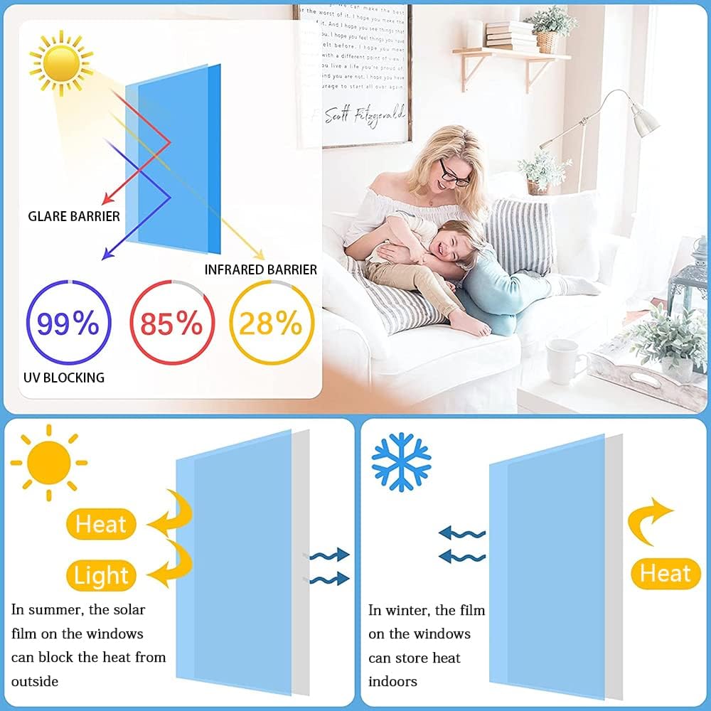 Película para vidros, película espelhada autocolante, ecrã de privacidade e película de proteção solar, 99% de proteção UV, azul prateado, 50 x 200 cm - 3