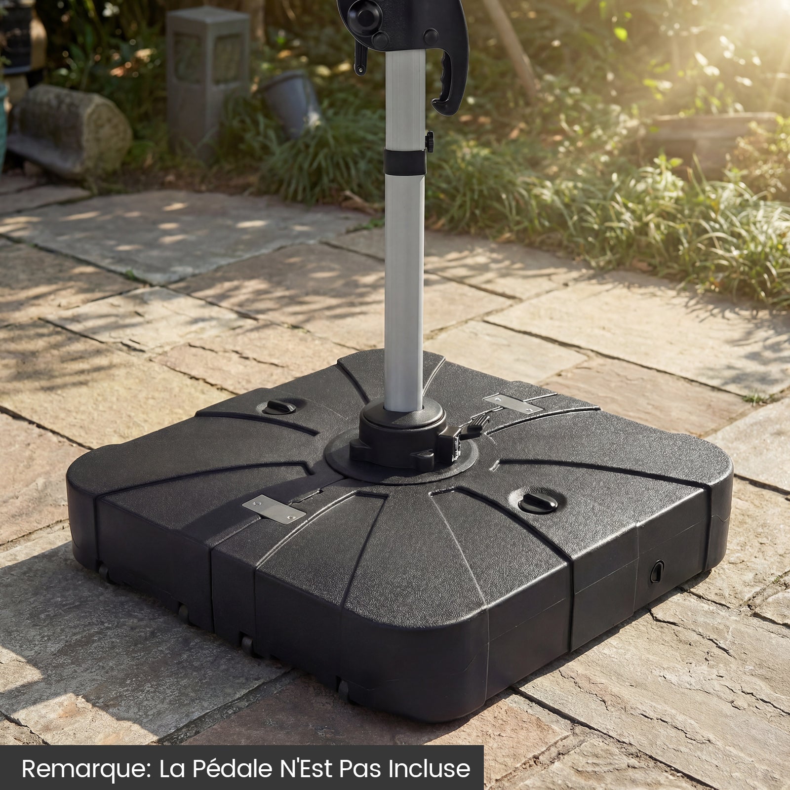 Pied de Parasol Déporté avec roulettes, Support Parasol en HDPE, Remplissable 130 kg Sable& Eau/120 kg Sable/107 kg Eau, 84 x 84 x 20 cm - 2