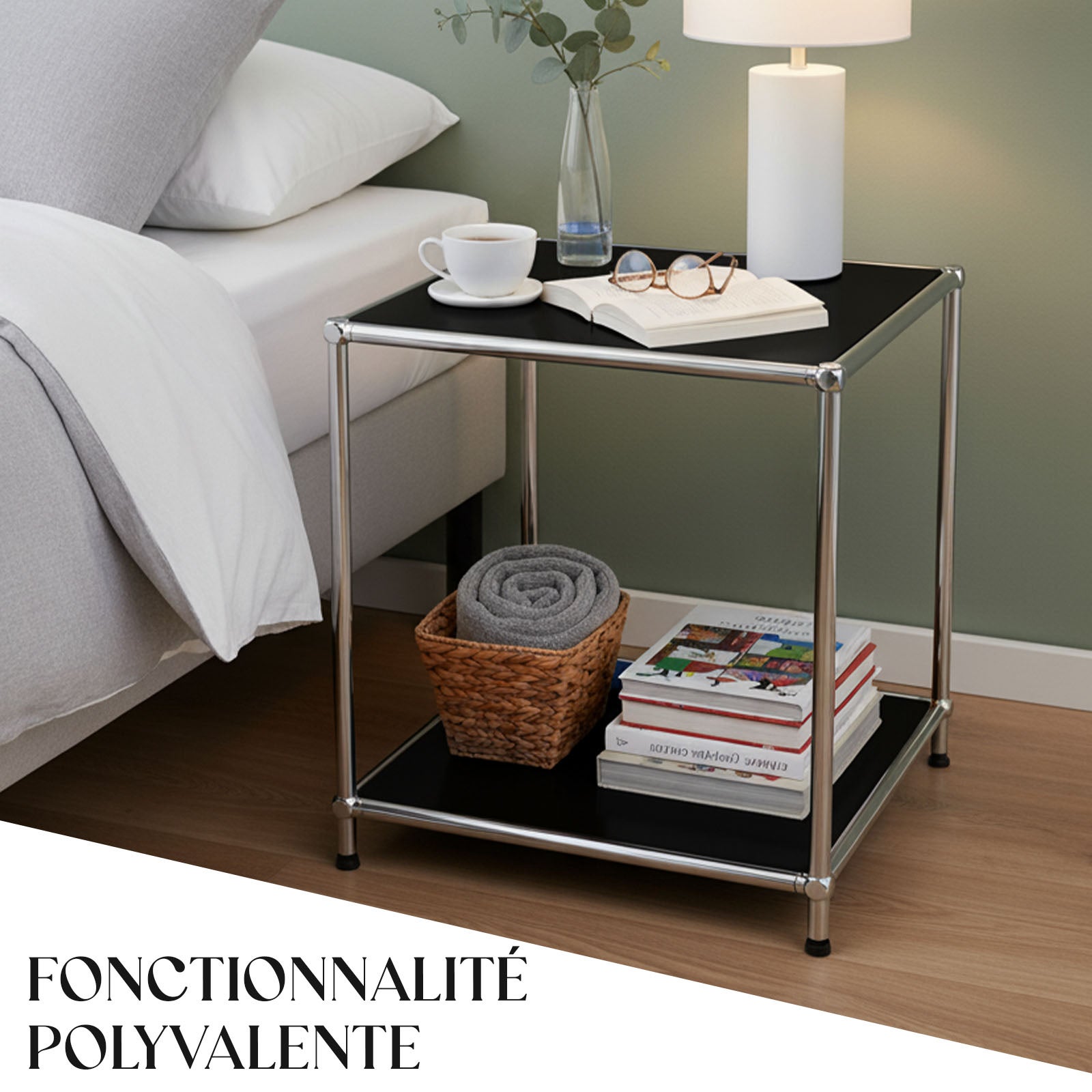 Étagère métal chromé design épuré, Concept Epuré MK-012 : 2 étages, L40 x P40 x H46 cm, Noir - 6