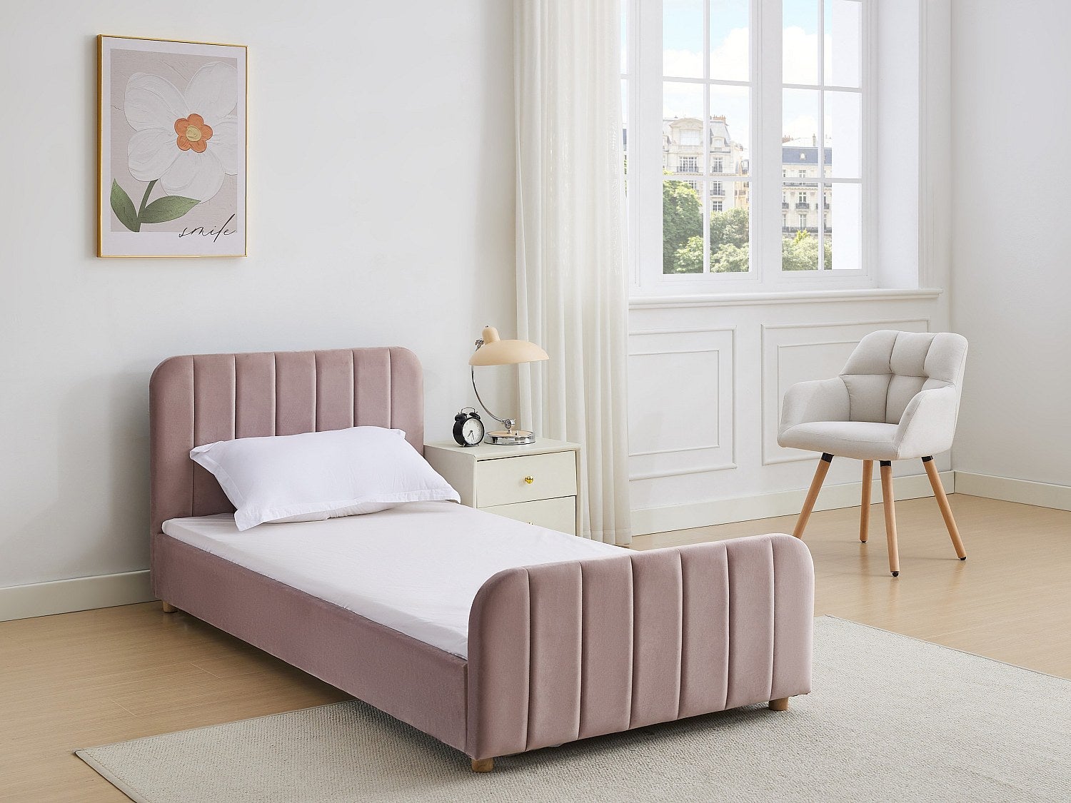 Łóżko 90 x 190 cm - Welur z pionowymi przeszyciami - Różowy + Materac - ROGADI