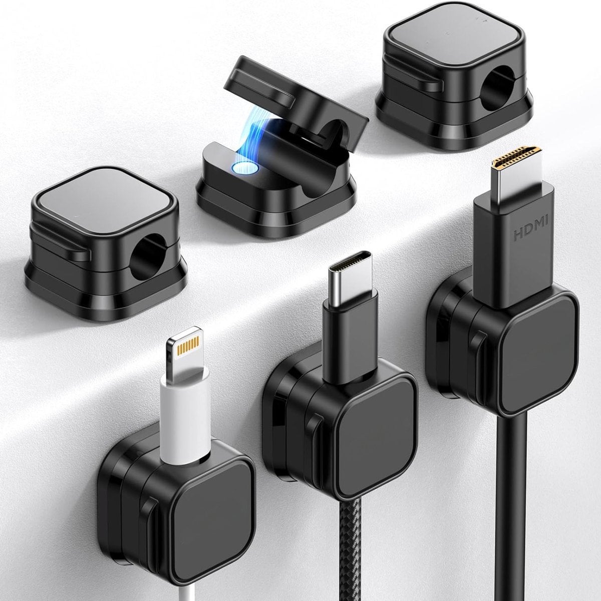 Set de 6 cleme magnetice pentru cabluri, negre, cleme pentru cabluri, organizator de birou, autoadezive, gestionare cabluri 6buc