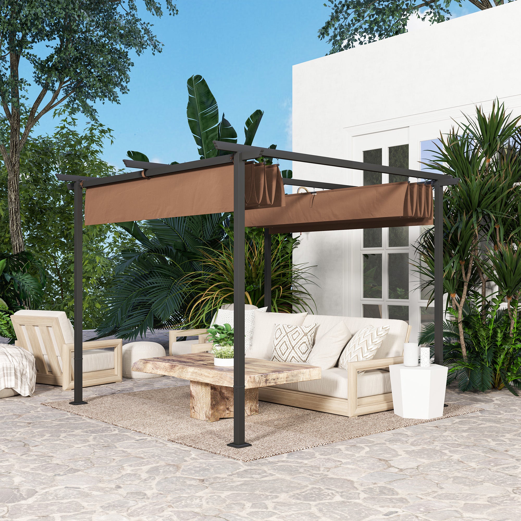 Pergola 3 x 3 m métal anthracite toile UPF30+ coulissante rétractable marron - 2