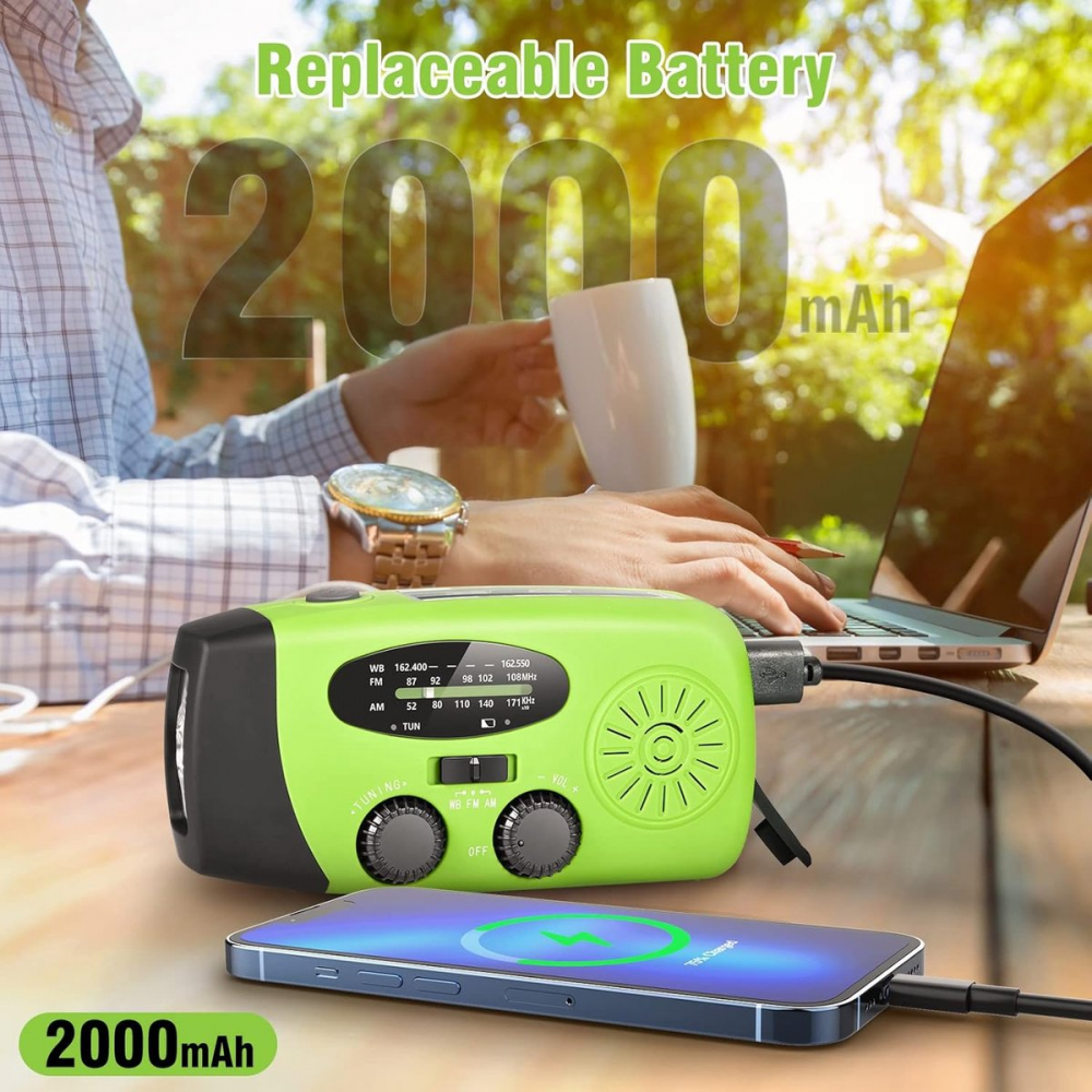 Przenośne radio awaryjne – Power Bank 2000 mAh – Radio awaryjne zasilane bateryjnie (ładowalne) – Na kemping i na wypadek klęsk żywiołowych – Zielone - 5