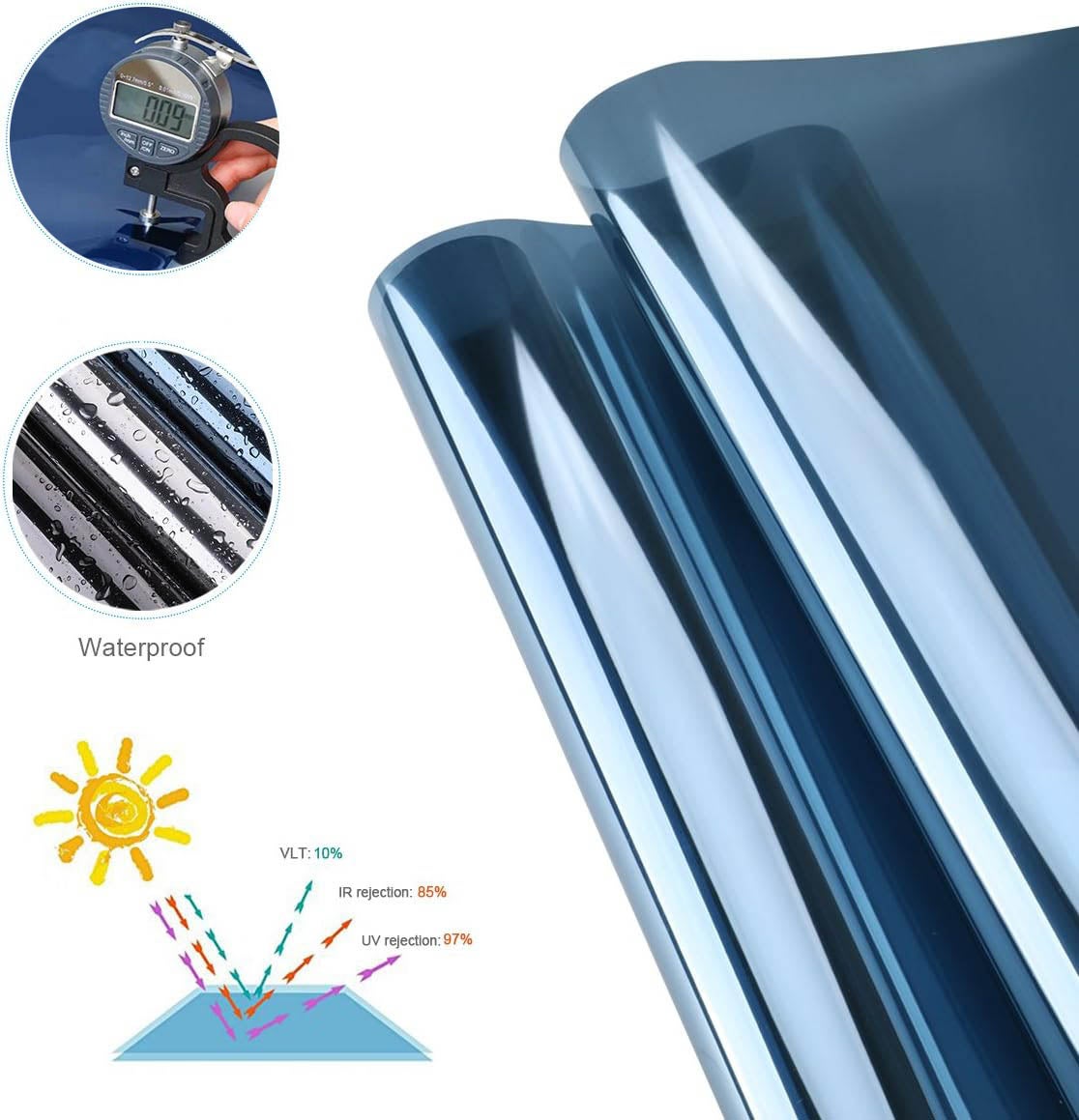 Película para vidros, película espelhada autocolante, ecrã de privacidade e película de proteção solar, 99% de proteção UV, azul prateado, 50 x 200 cm - 5