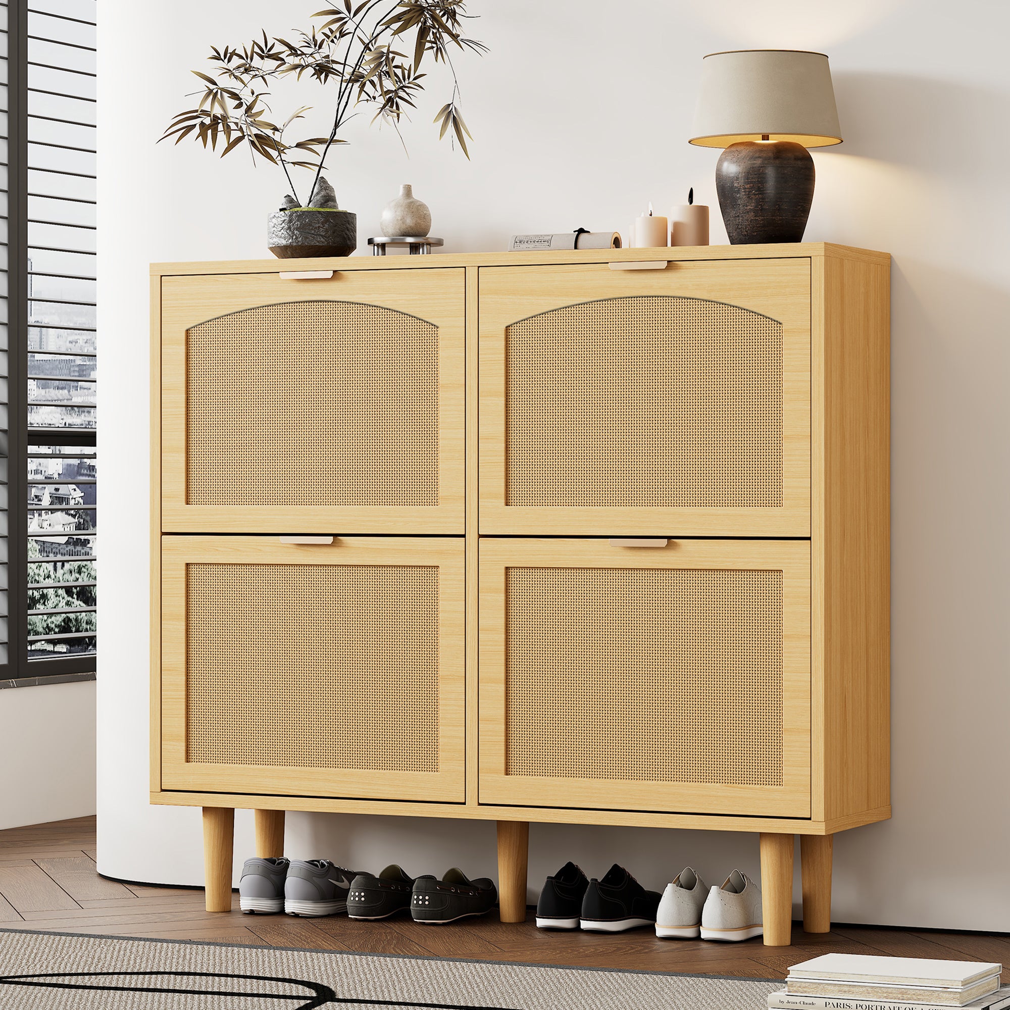 Meuble à chaussures avec 4 tiroirs rabattables en rotin - 100 x 25 x 90 cm - Panneau de particules - Chêne clair - 3