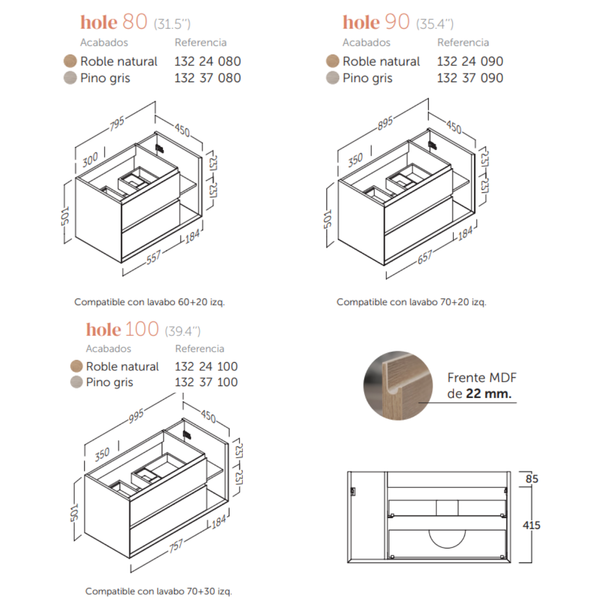 Mobili da bagno a muro con lavandino in ceramica | 90 cm | 2 cassetti Chiusura e organizzatore imbottiti 2 rientri laterali | Quercia naturale - 3