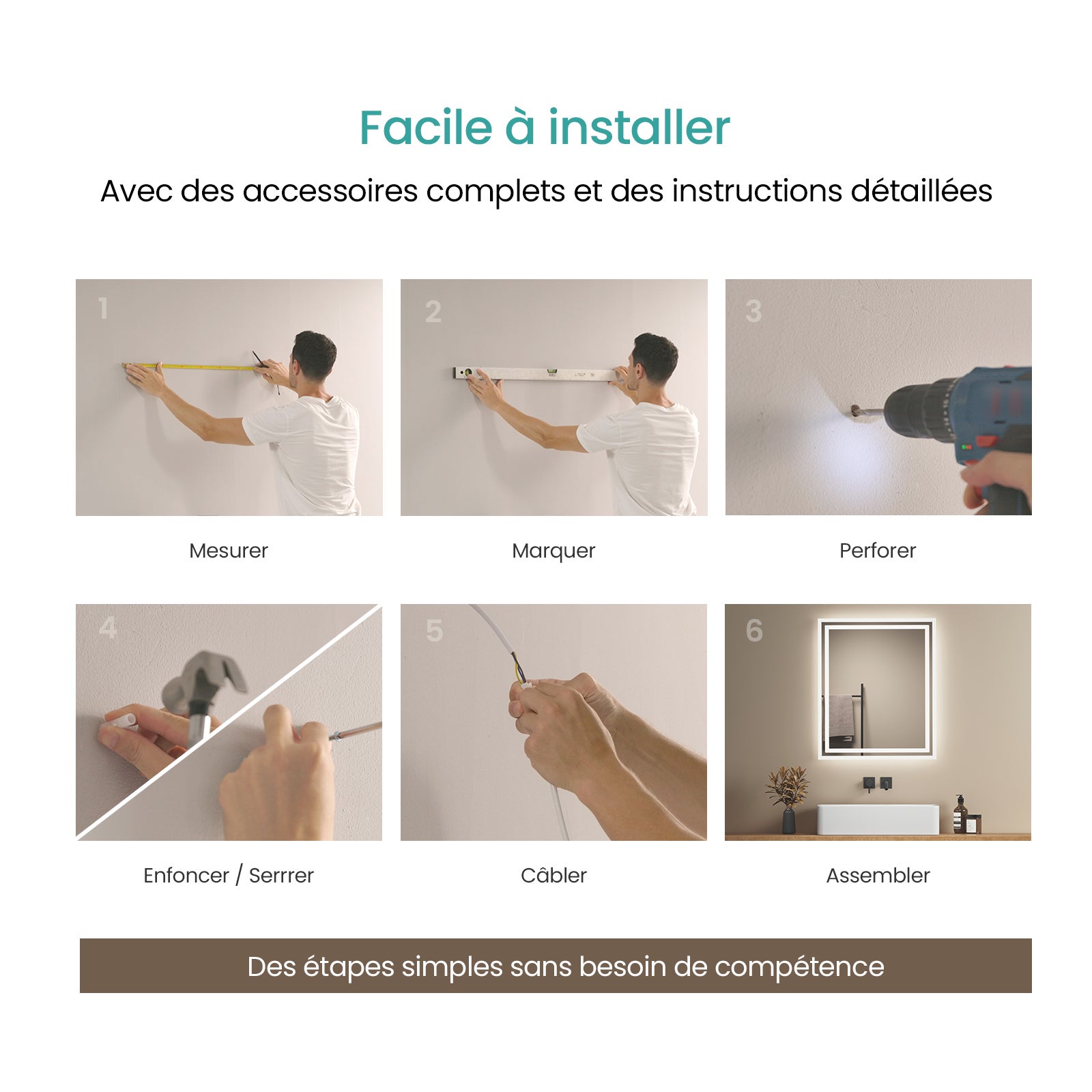 EMKE Miroir lumineux salle de bain 60x50cm, Miroir LED avec Interrupteur à bouton, Anti-buée, Miroir avec éclairage lumière Blanche Froide/Chaude - 8