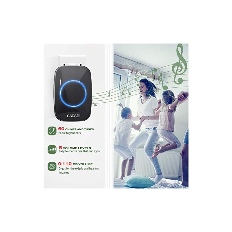 Sonnette sans fil étanche 300M 60 commutations de musique, 5 niveaux de volume, sonnette intelligente alimentée par batterie 110V-220V - 2