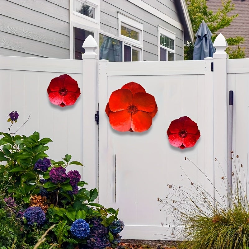 1 lot de coquelicots géants en métal rouge à suspendre au mur – Décoration murale pour clôture de jardin, 28 + 19 cm - 5