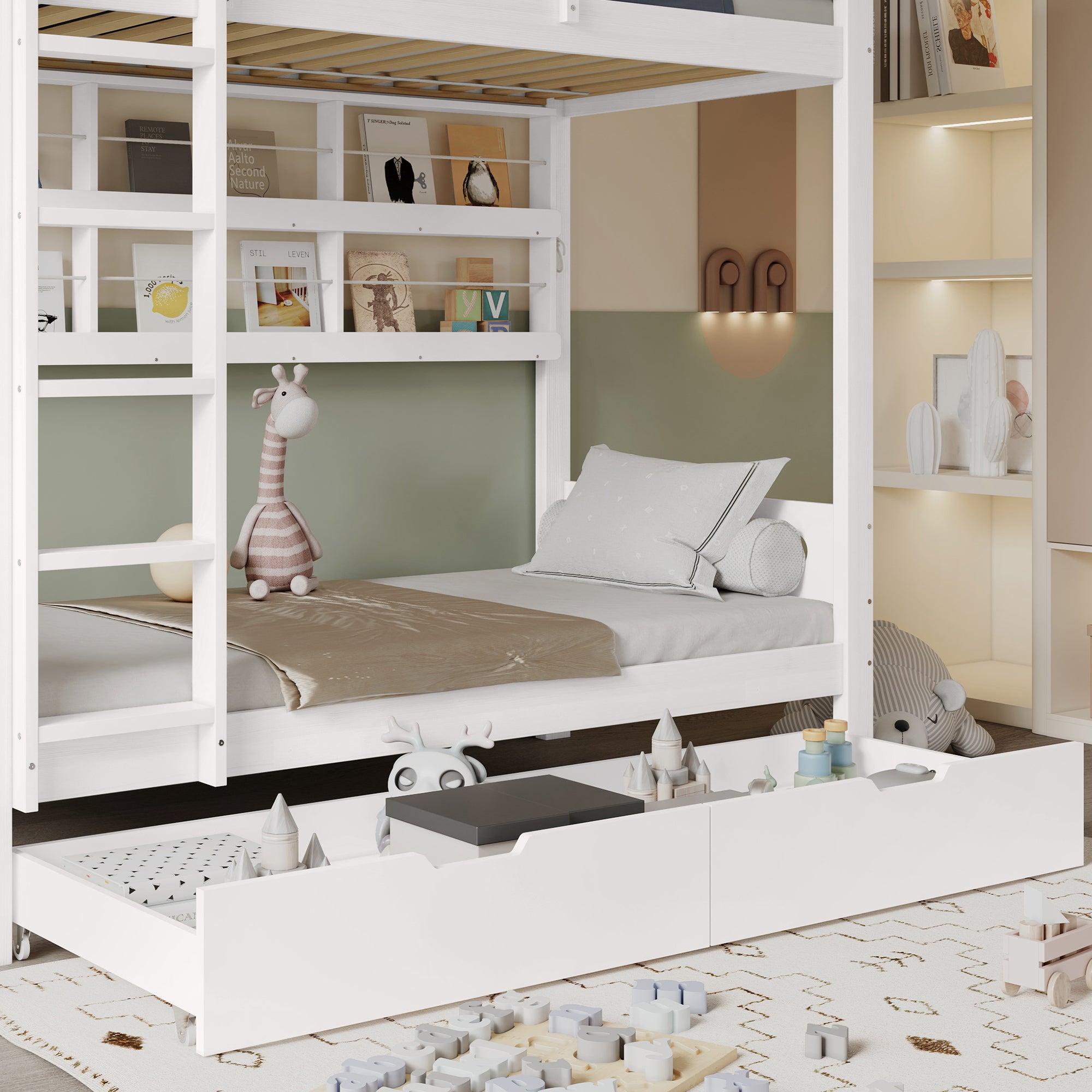 Lit superposé 90x200 cm - avec 2 tiroirs - avec des étagères ouvertes - Bois massif + MDF - Blanc (sans matelas) - 4