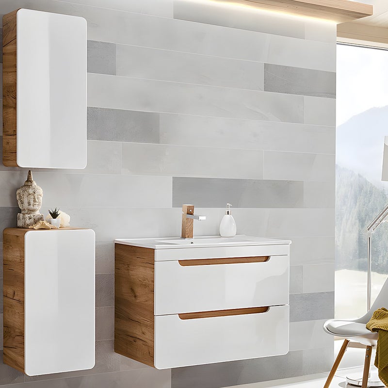 Słupek łazienkowy w kolorze naturalnym i białym – 35 × 22 × 75 cm (dł. × szer. × wys.) – ARUBA