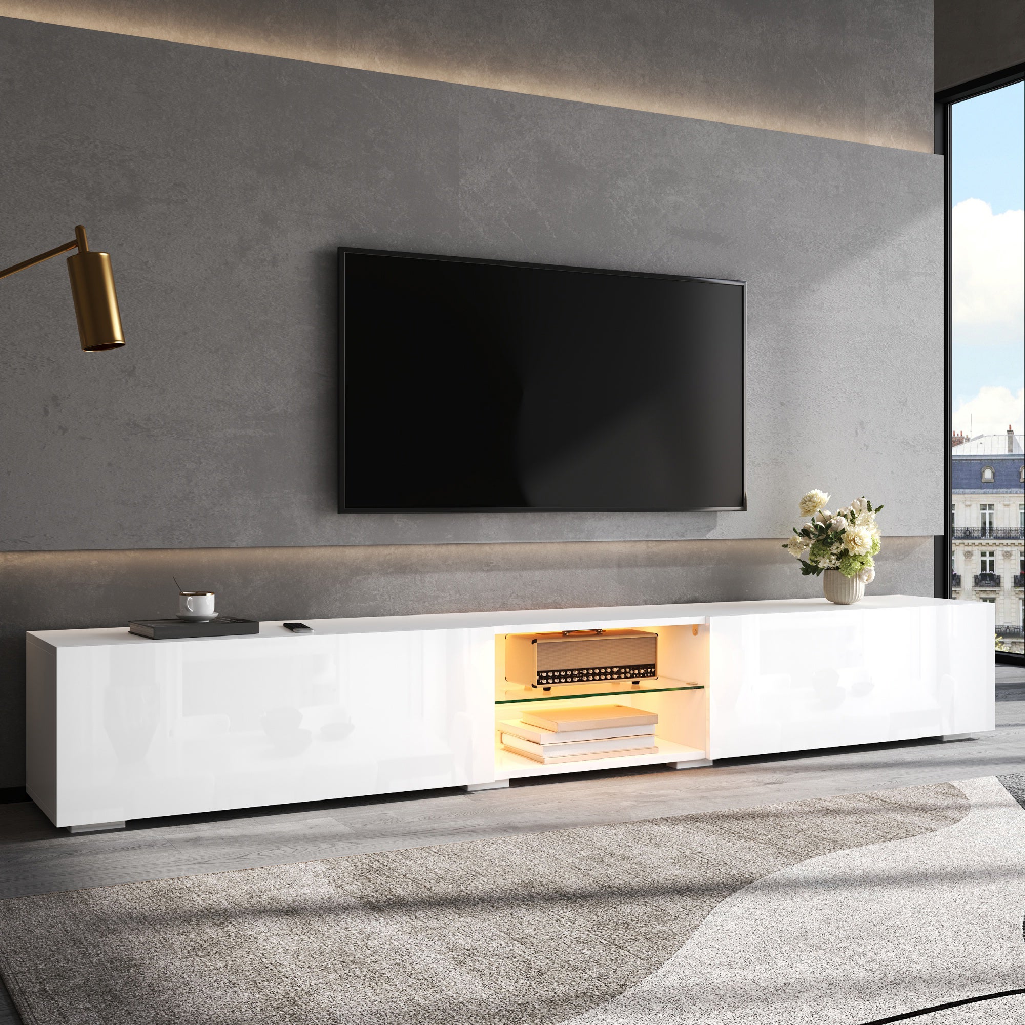 Szafka RTV 200 cm z 2 lakierowanymi drzwiami, oświetleniem LED i szklaną półką - Płyta wiórowa + MDF - 200 x 30 x 30 cm - Biała - 7