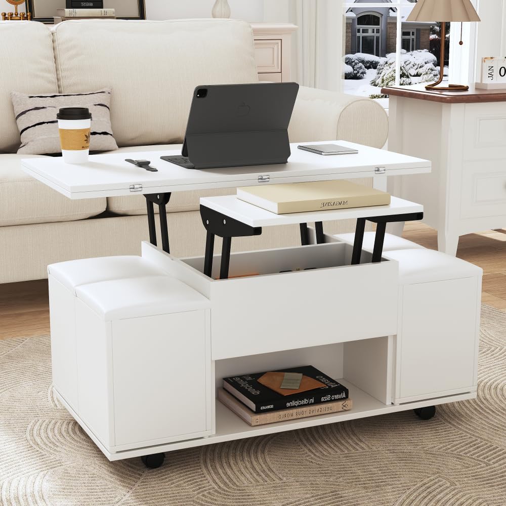 Table Basse avec 2 Plateau Relevable, Table de Salon 3 en 1, avec 4 Tabouret, Rangement Caché et Ouvert, 100 x 100 x 63.5 cm - 3
