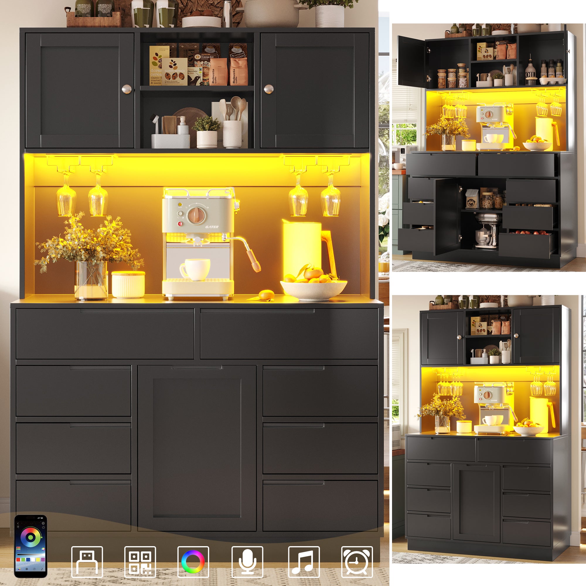 Wysoka komoda kuchenna z 3 drzwiami, 8 szufladami i 2 półkami - 120 x 40 x 183,5 cm - MDF - diody LED i porty USB - czarna