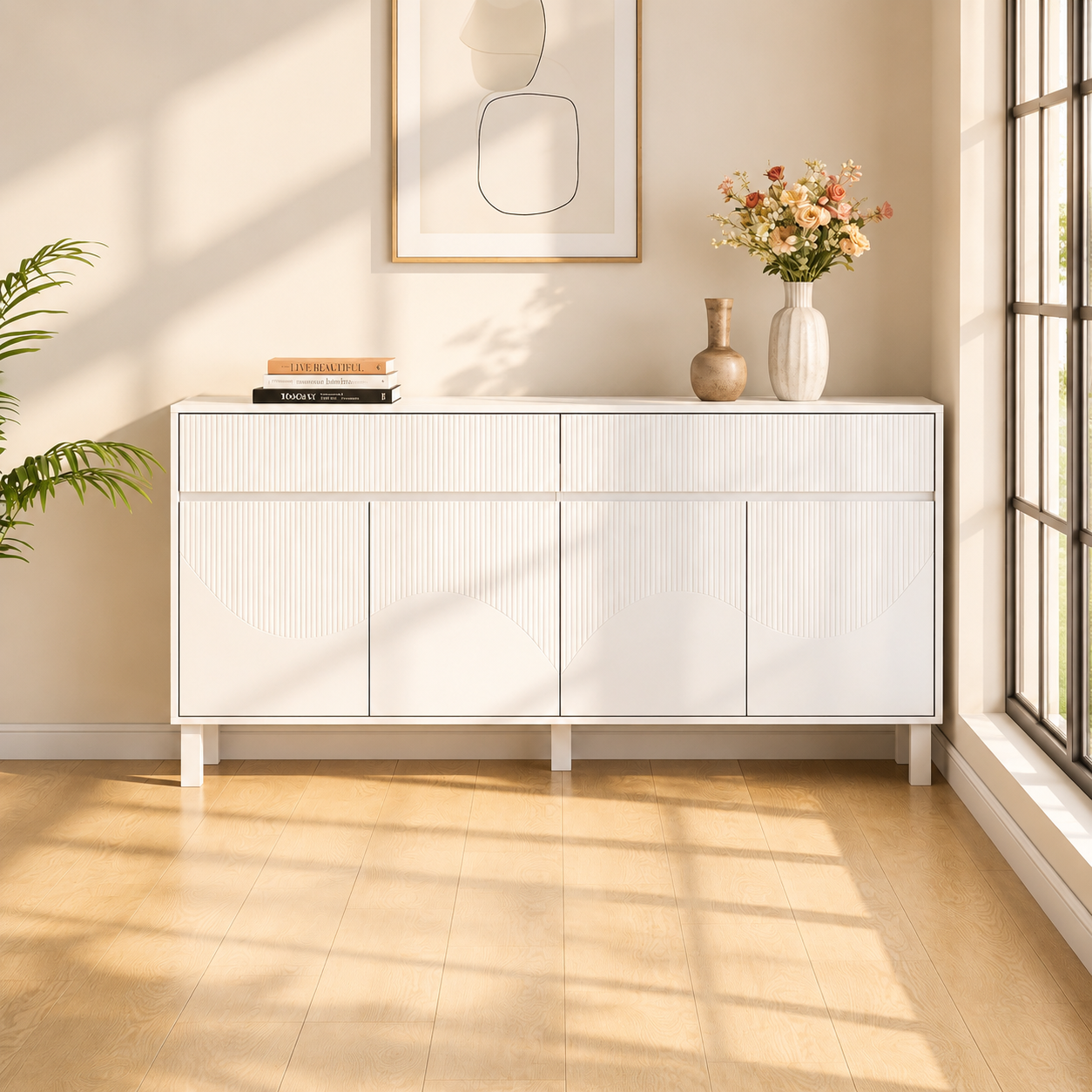 Buffet moderne-CALDION-Buffet sculpté avec 2 Tiroirs et 4 Portes, Pieds Hauts, 160x40x75, Blanc - 2