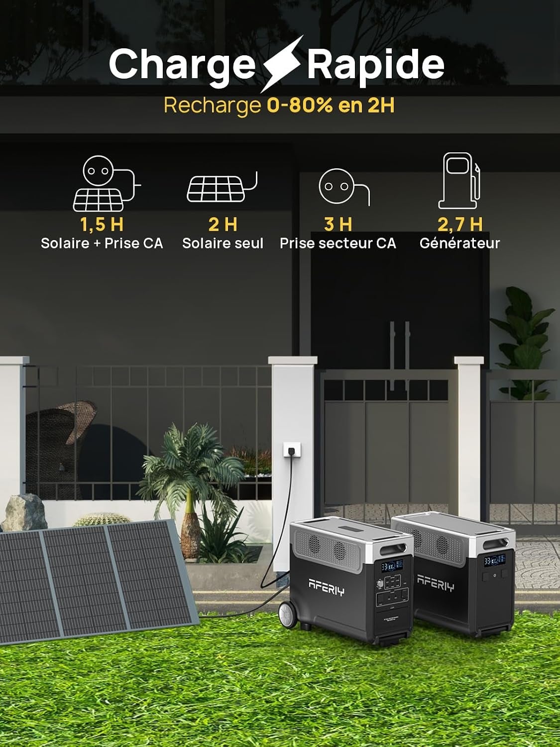 Générateur solaire portable AFERIY P310 3840 Wh, 3600 W avec panneau pliable AF-S400A1 400 W, LiFePO4 & UPS pour maison et camping-car - 3