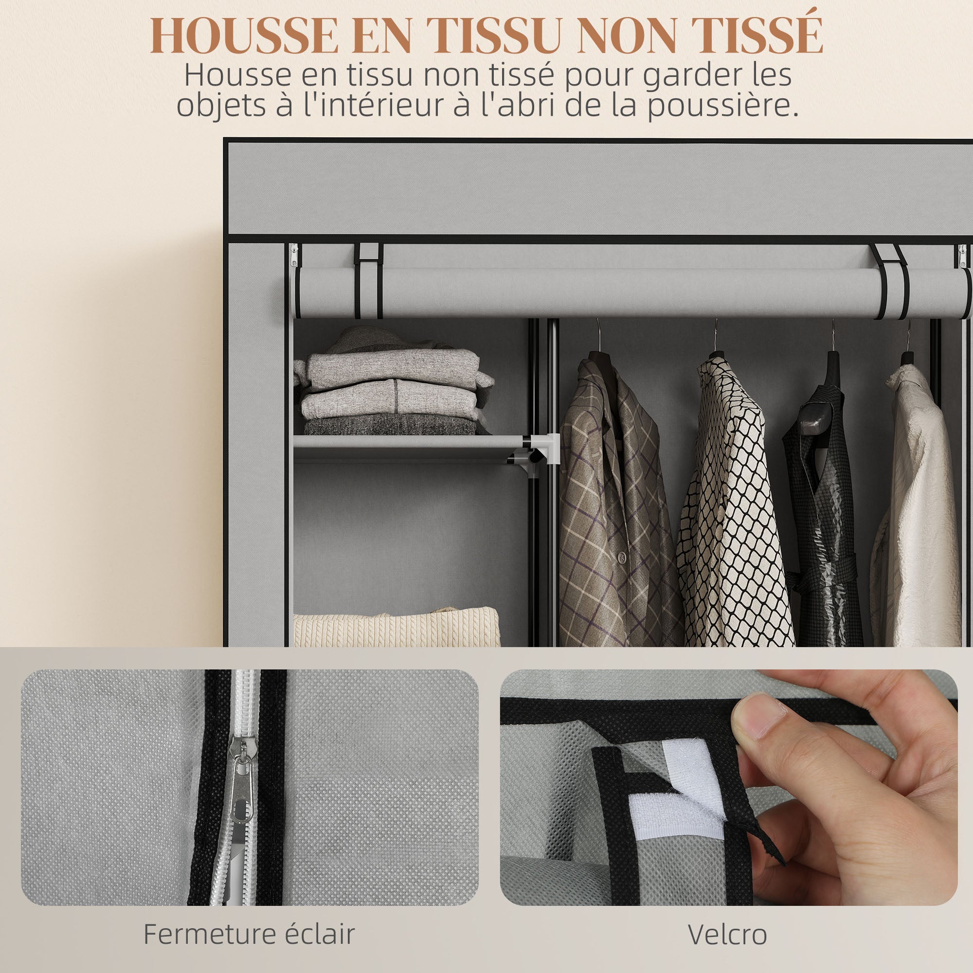 Armoire penderie en tissu meuble de rangement 6 roulettes tringle à vêtements et étagères ouvertes 103x43x162,5cm gris - 7