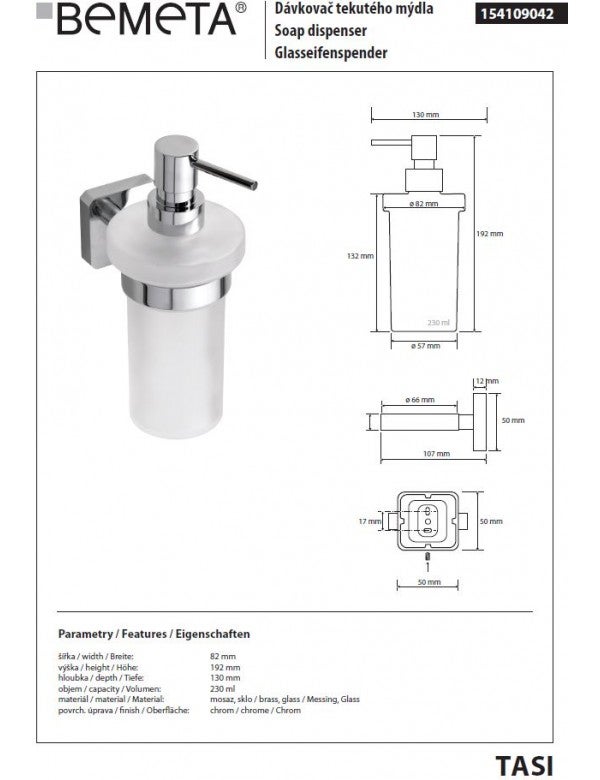 Distributeur de savon liquide mural TASI en laiton chromé et en verre 230 ml - 2