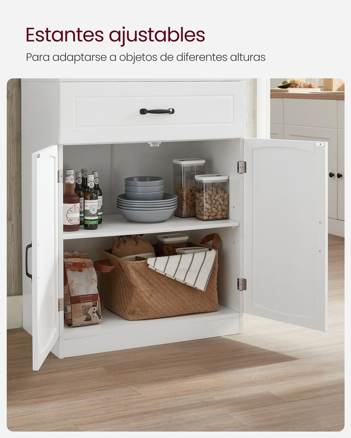 Armario alto de cocina blanco con puertas de cristal y estantes ajustables, cajón, encimera para microondas y cables, estilo moderno - 3