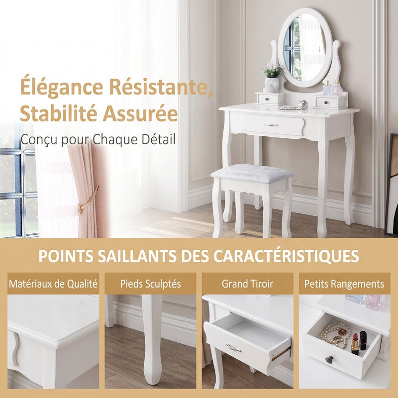 Coiffeuse Blanche avec Miroir Rotatif, Tabouret et 3 Tiroirs, Adaptée à la Chambre, 75*40*136cm, Bureau Cosmétique - 7