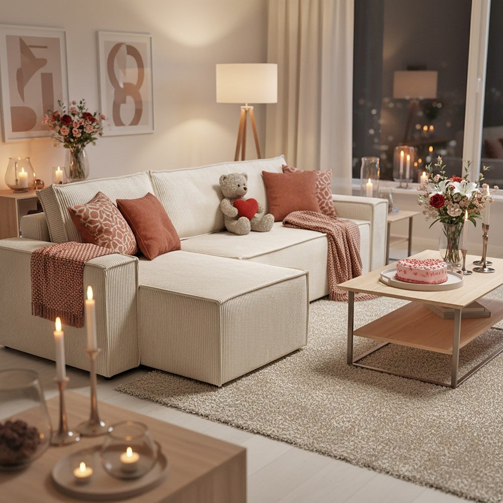 Canapé d'angle convertible et réversible avec coffre ELISE en velours côtelé / Beige - 8