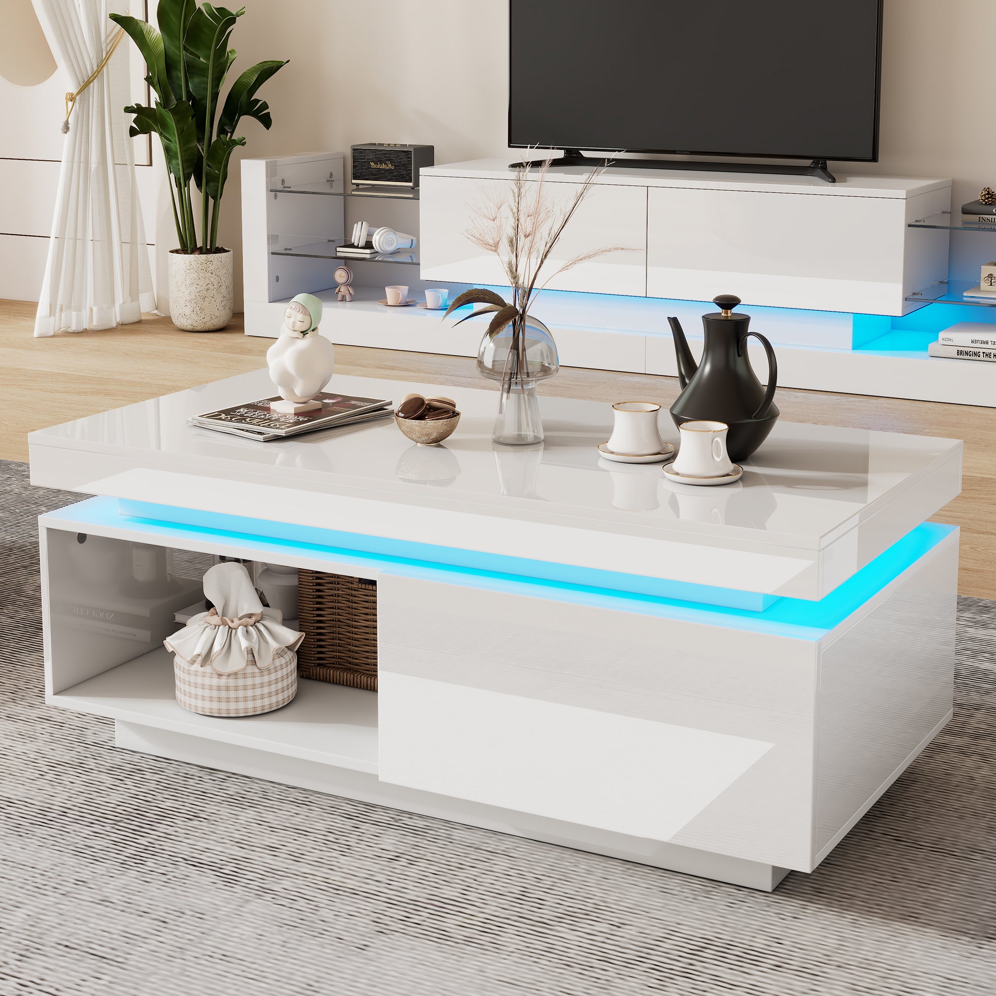 Zestaw stolik pod TV: 181 x 38 x 38 cm + stolik kawowy: 100 x 50 x 40 cm - Diody LED - Płyta wiórowa - Biały połysk