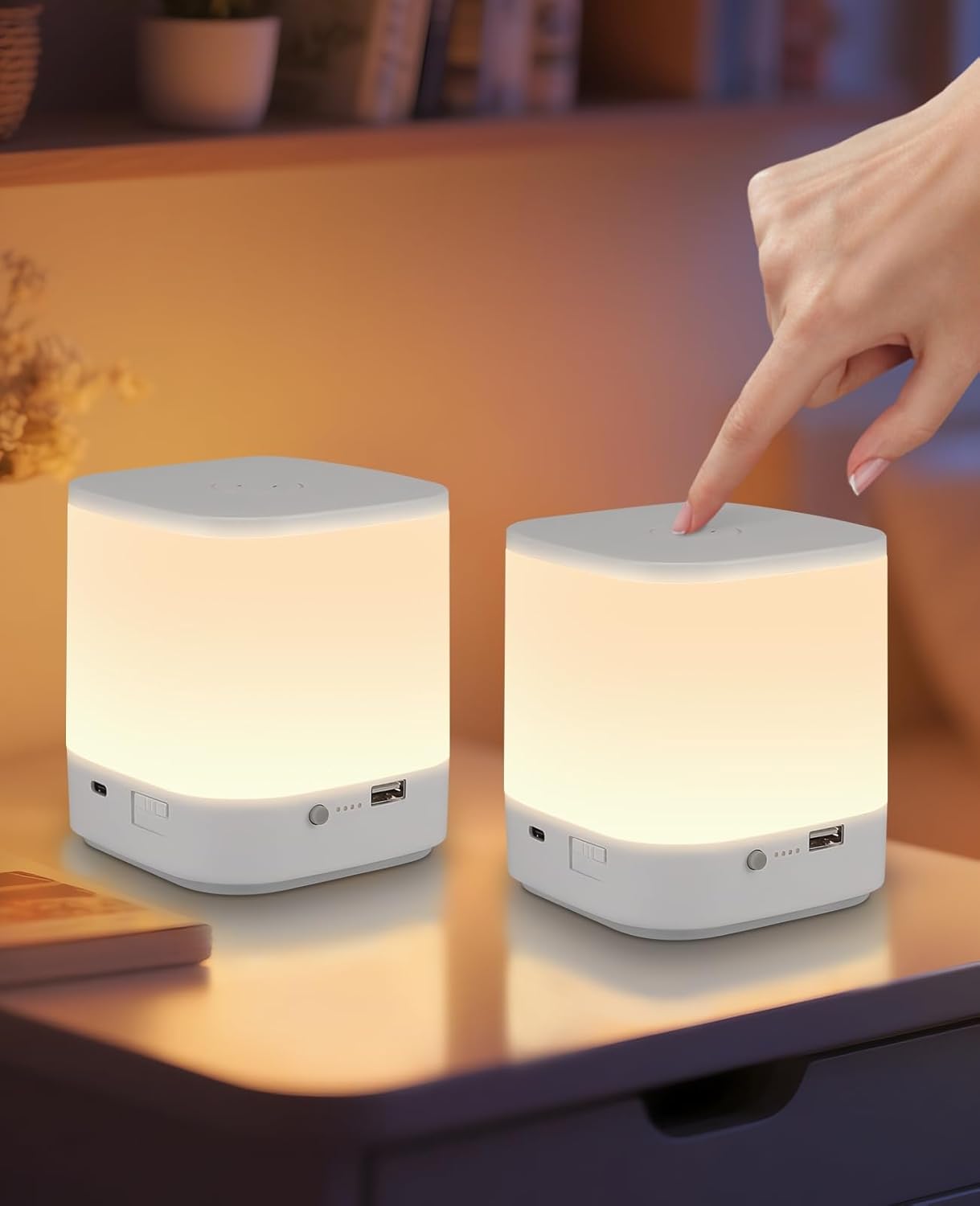Lot De 2 Lampes De Chevet Tactiles Bonsery - Rechargeable USB, Lumière Chaude Variable + Modes RGB - Veilleuse Sans Fil
