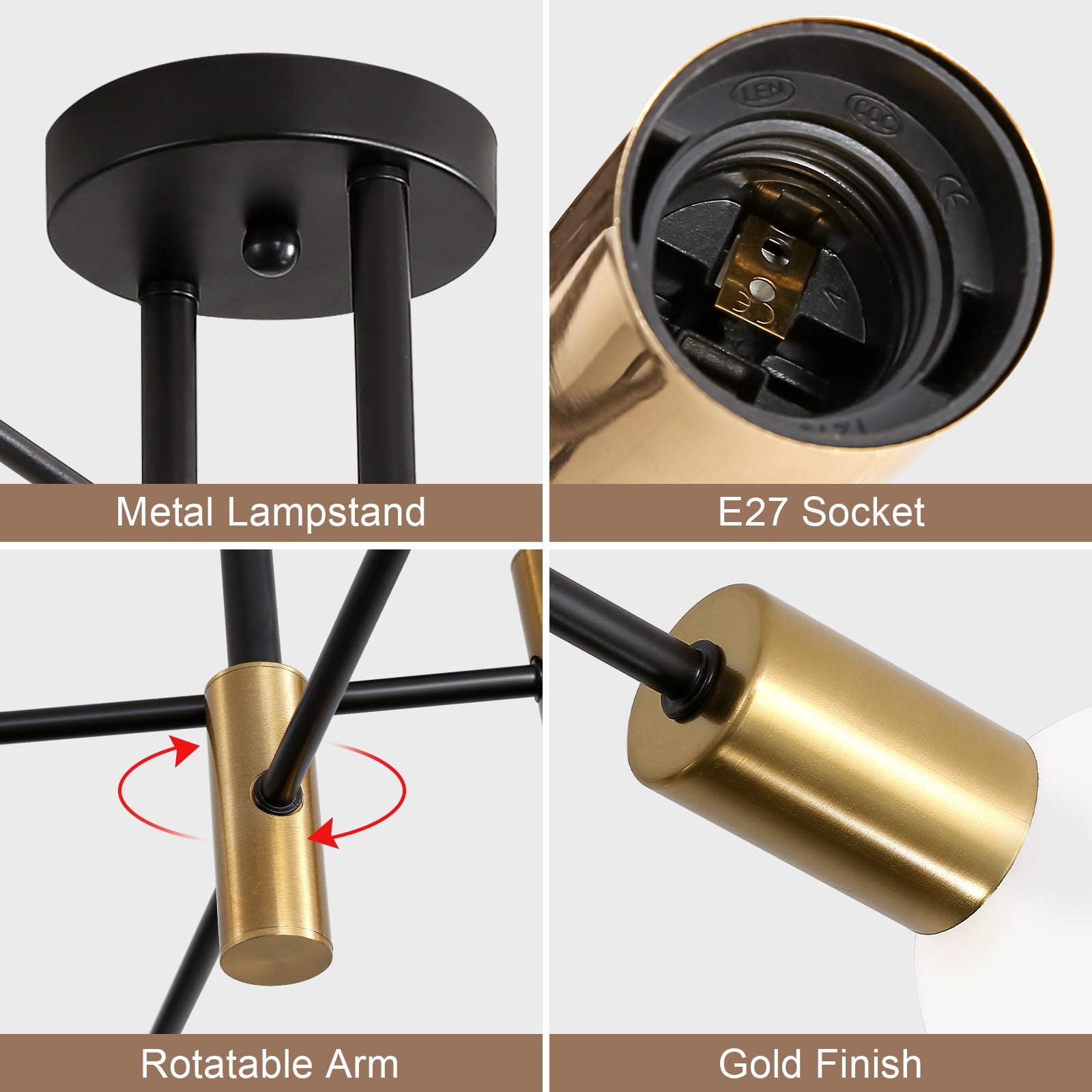 GLAMARIS Plafonnier Lustre Noir Industriel 4 Lumières,E27 Sans Ampoule,71x71x26.5cm,Éclairage Décoratif pour Salon,Chambre et Salle à Manger - 4