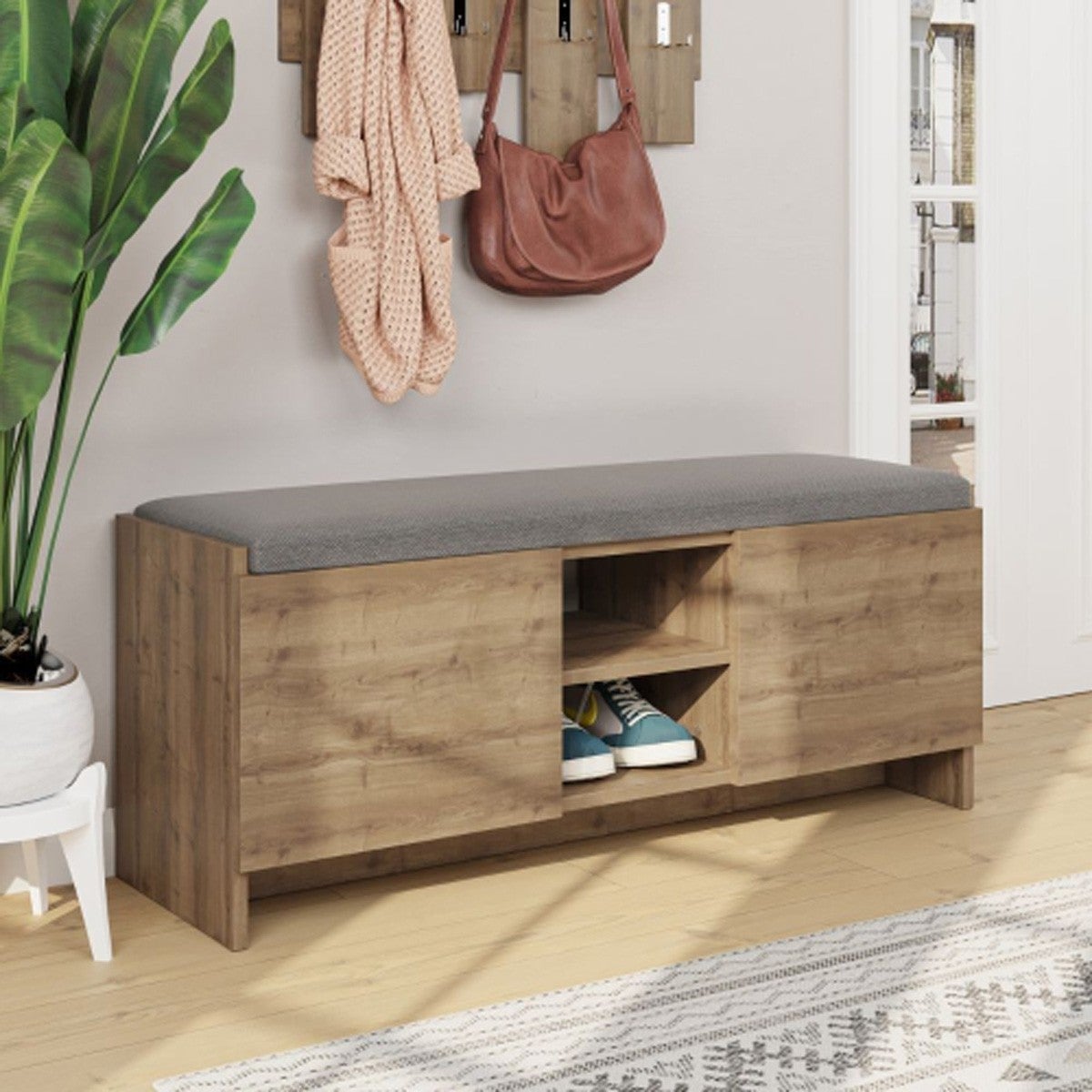 Scarpiera Panca In Legno Massello 90 Cm – Stile Mid-Century Con Cuscino Ecopelle – Noce