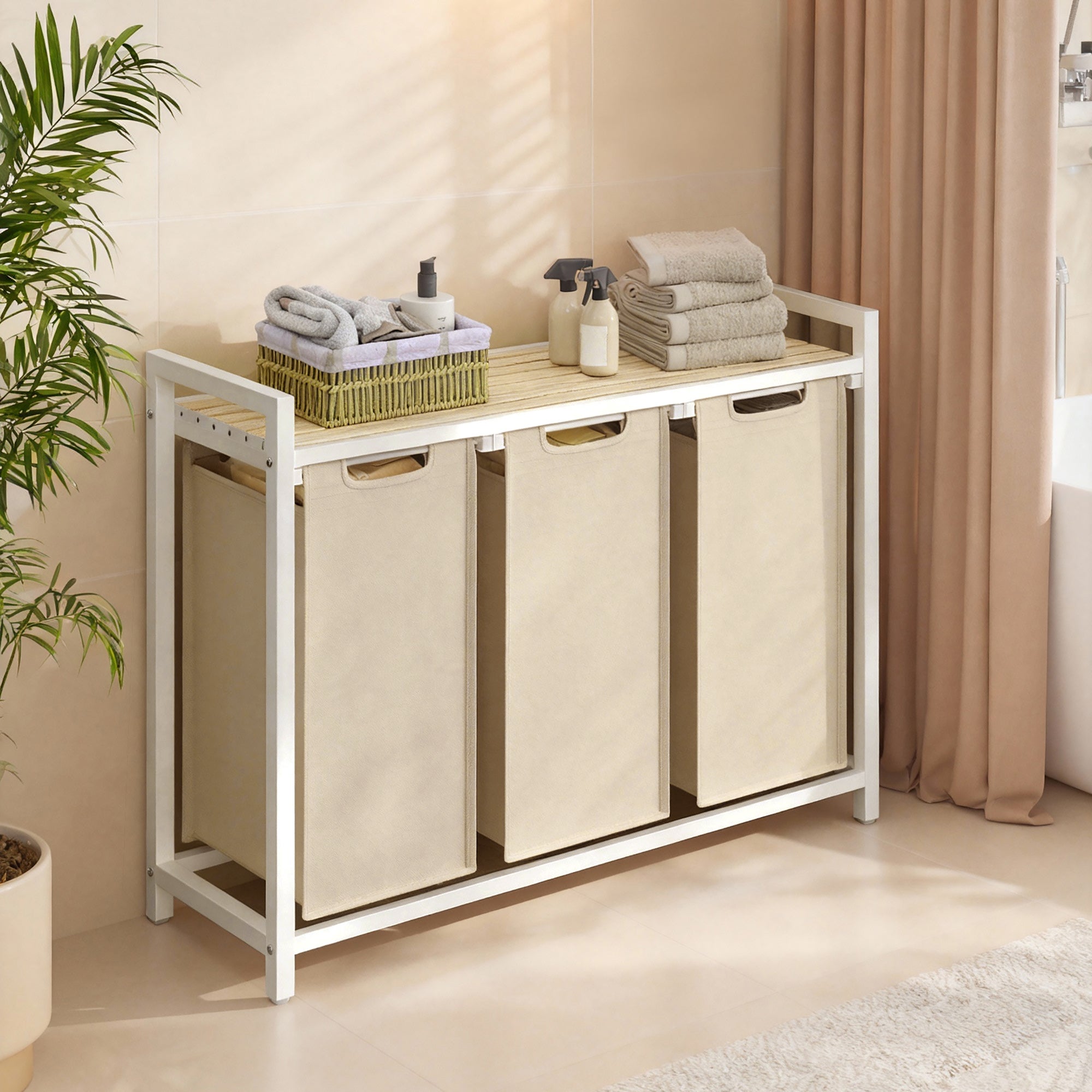 Panier à Linge 3 Compartiments, avec Étagère de Rangement, Sac Amovible, Cadre en Métal, 3 x 40 L, Beige - 3
