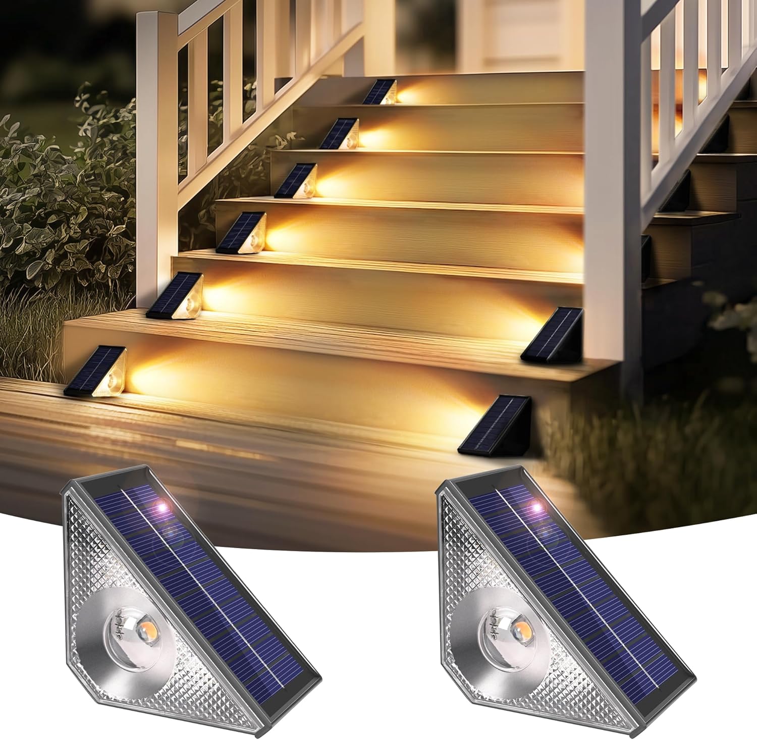 Zestaw 2 lamp solarnych, wodoodpornych, zasilanych energią słoneczną, do oświetlenia schodów zewnętrznych, schodów, podestów, płotów, podwórek, tarasó