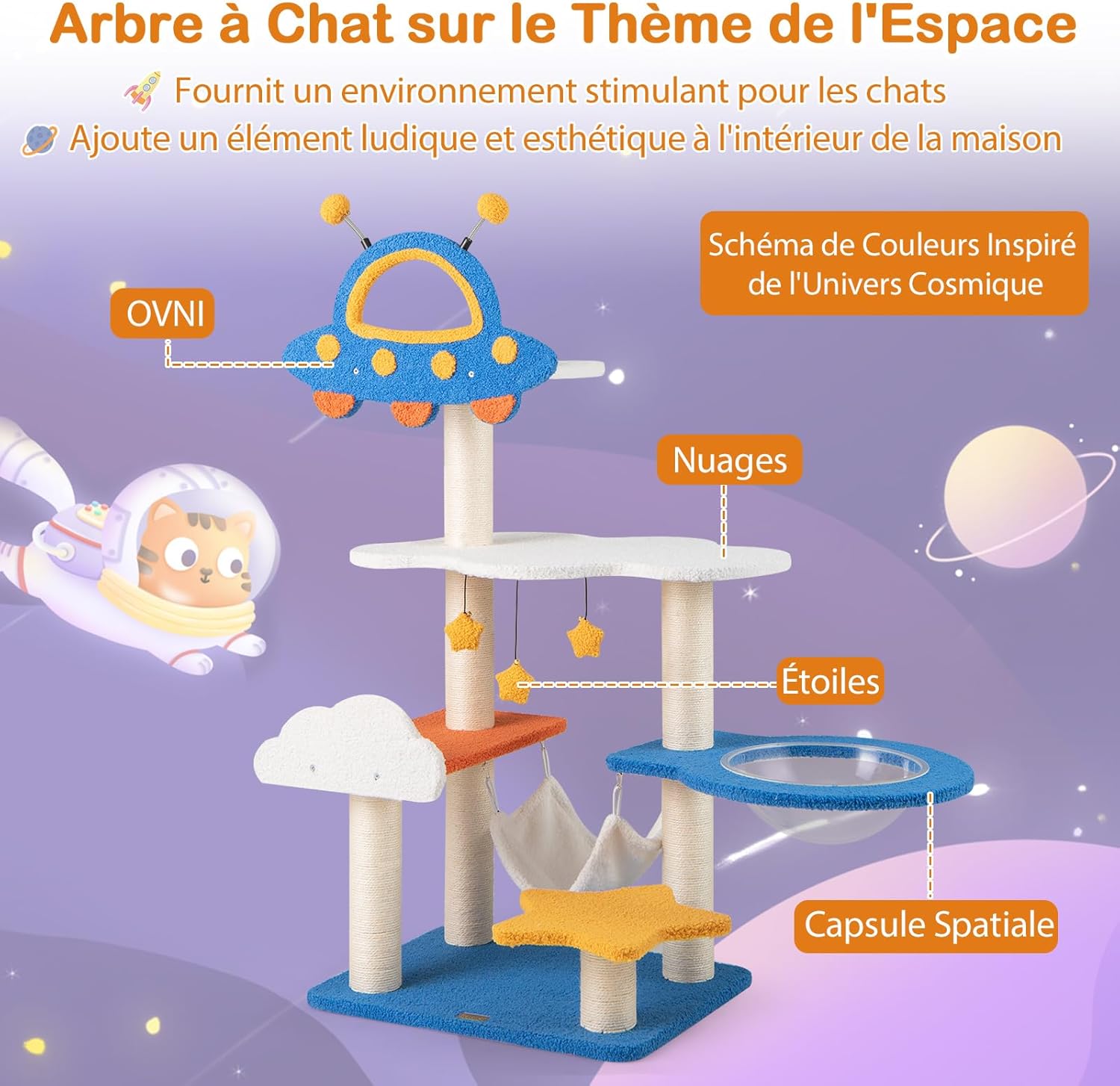 Tiragraffi per Gatti a Tema Spaziale, Albero per Gatti con Piattaforma a UFO e Pali in Sisal, Torre per Animali Domestici Interno (58 x 45 x 1 - 4