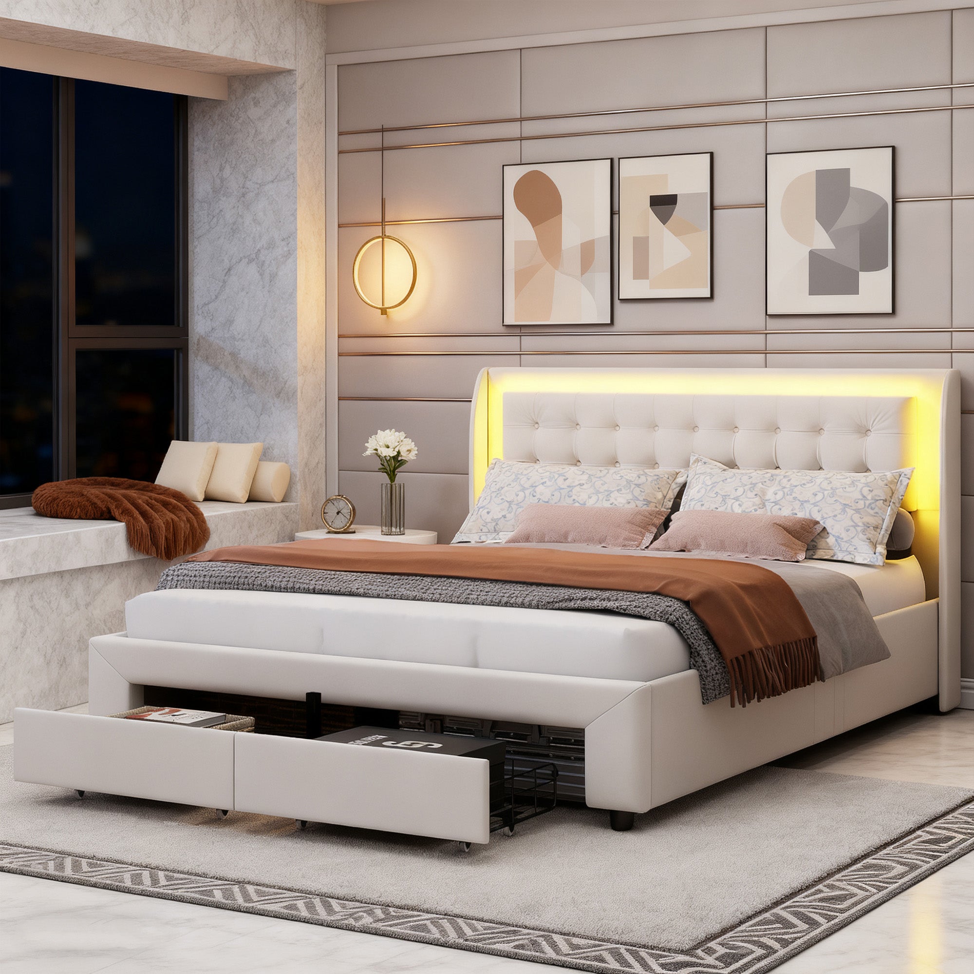 Lit coffre 140x190 cm avec LED et 2 tiroirs, COZY, cadre de lit adulte avec sommier à lattes, lit double, tissu en velours, 140x190 cm, blanc cassé - 4