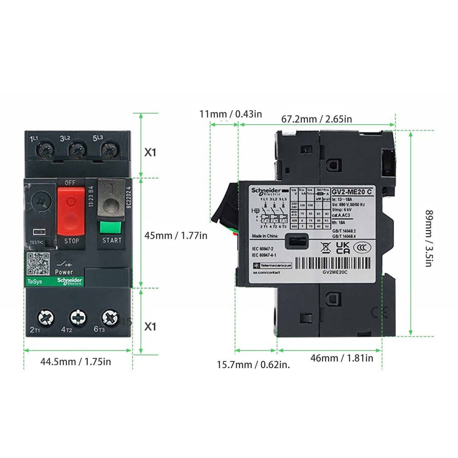 Interruttore automatico per motore da 35 mm, montaggio su guida, tipo termomagnetico, protezione da sovraccarico, CA 690 V, GV2-ME07, 1,6-2,5 A - 8