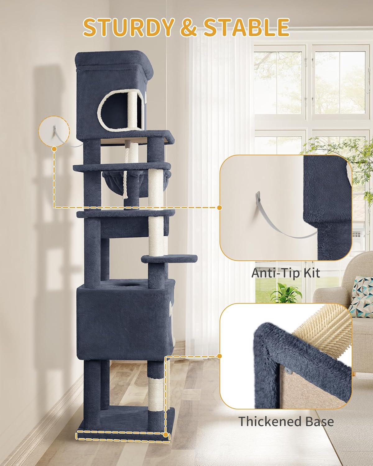 Árvore para Gatos, 203cm, Multicamadas, com Plataforma Grande, 2 Tocas, 7 Postes em Sisal, Pompons, Cesto, Rede, Cinza Escuro - 8