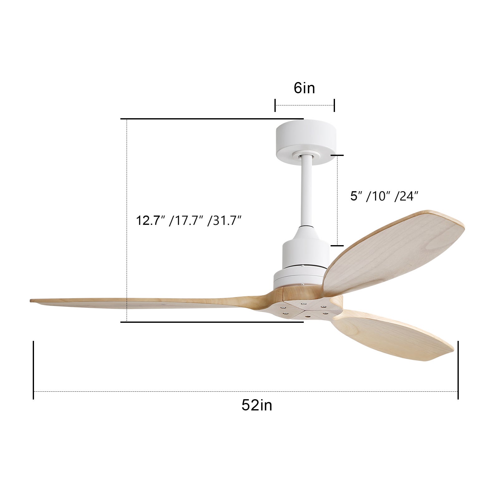 Ventilateur de Plafond 52 Pouces avec Pales en Bois Massif, Moteur DC Réversible à 6 Vitesses, Télécommande, sans Lumière - Blanc - 4