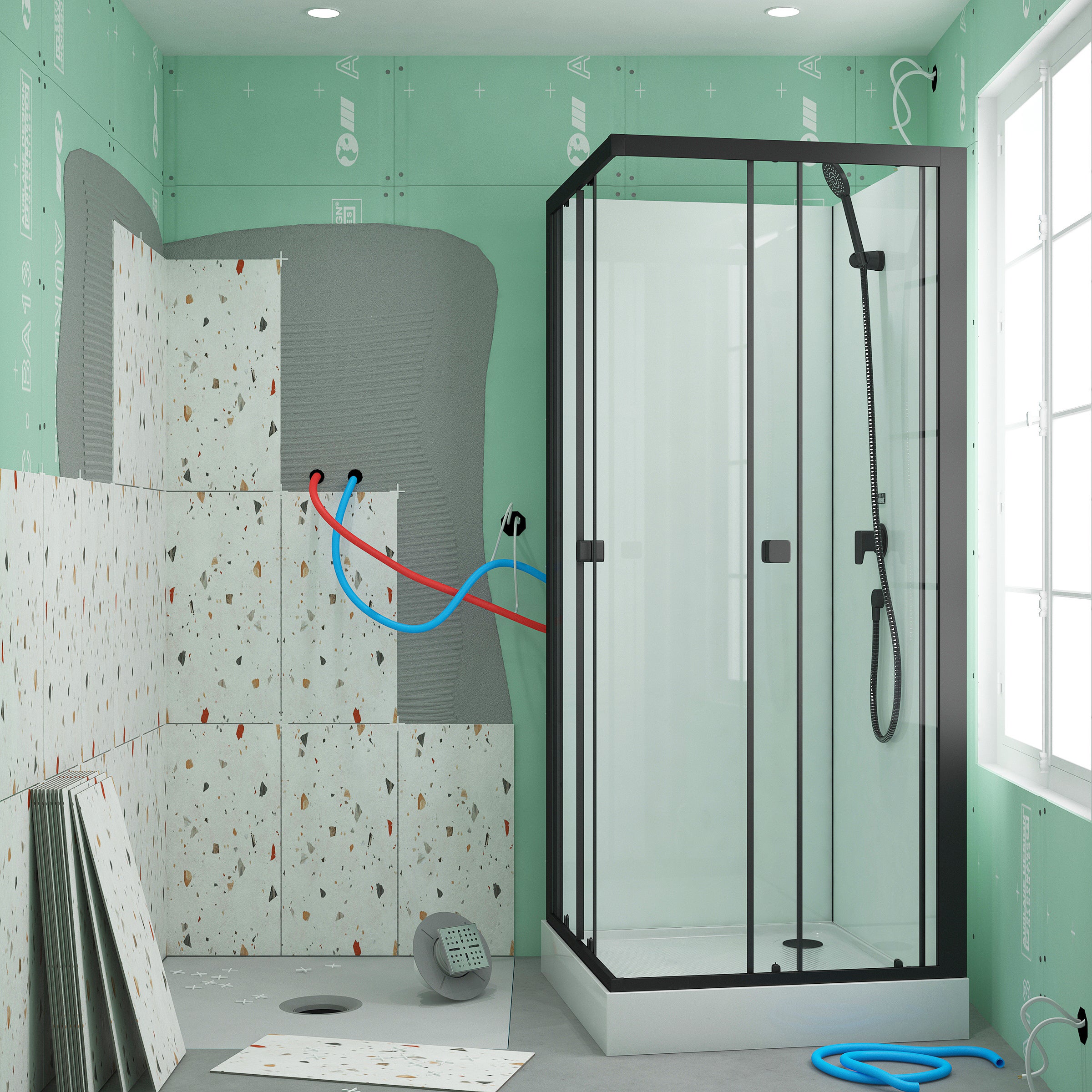 Cabine de douche carrée 80x80x200 cm - Portes coulissantes - Fonds Blancs & Profilés Noir Mat - 9