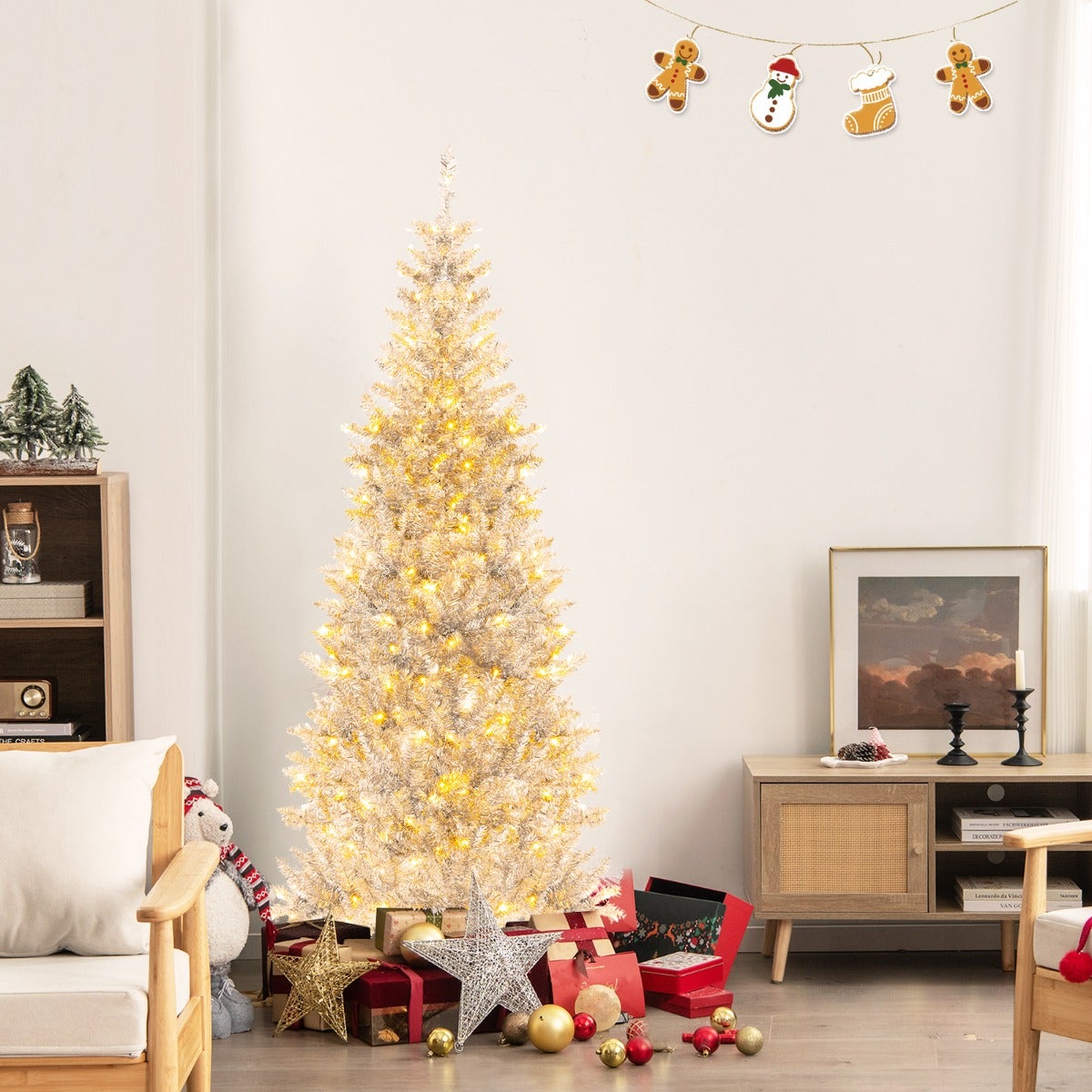 Sapin de Noël Artificiel Arbre de Noël 180 cm Argenté PréÉclairé 790